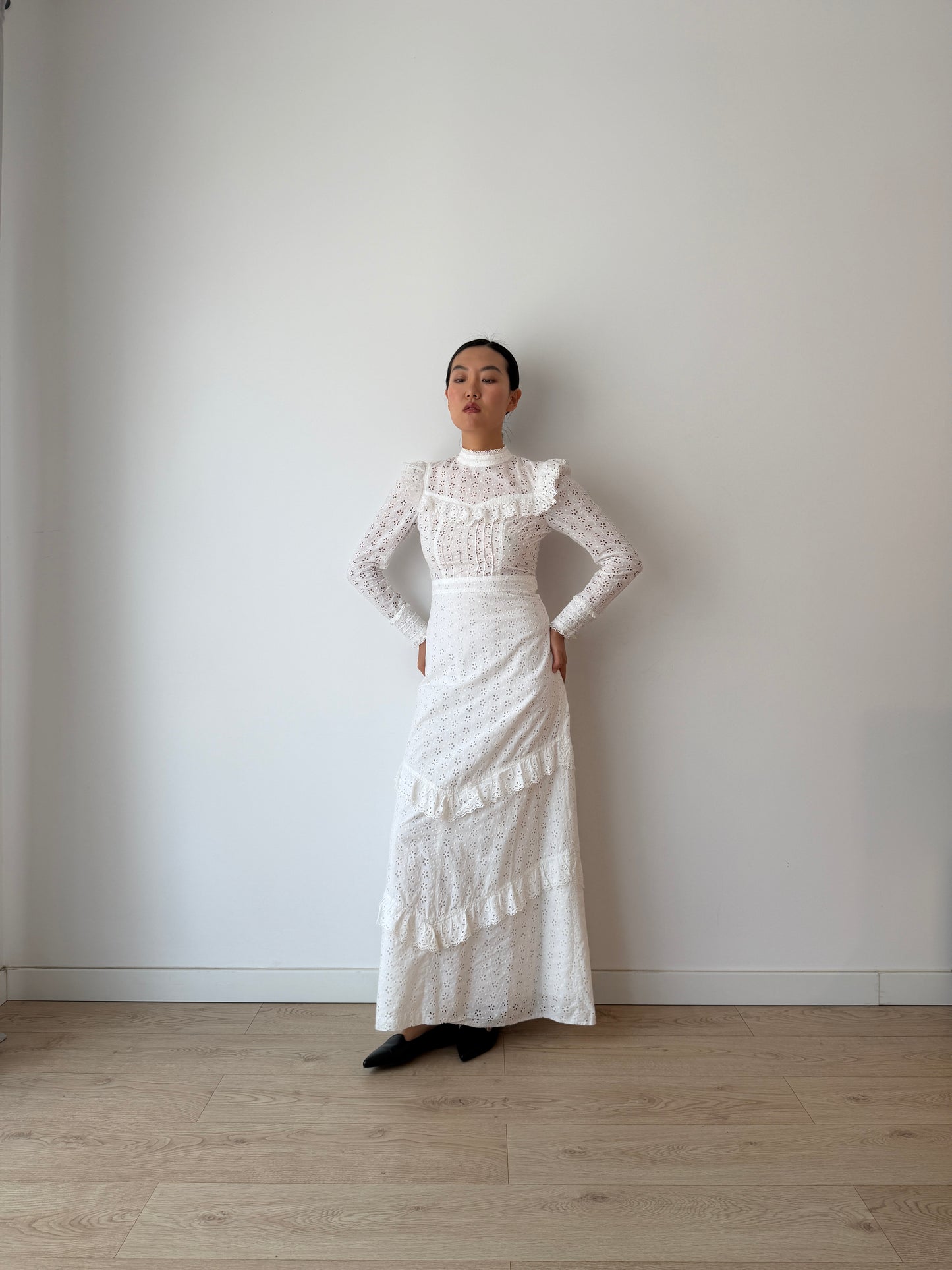 Vintage 1970s White Cotton Edwardian Style Revival Dress, Romantic Prairie Maxi Gown