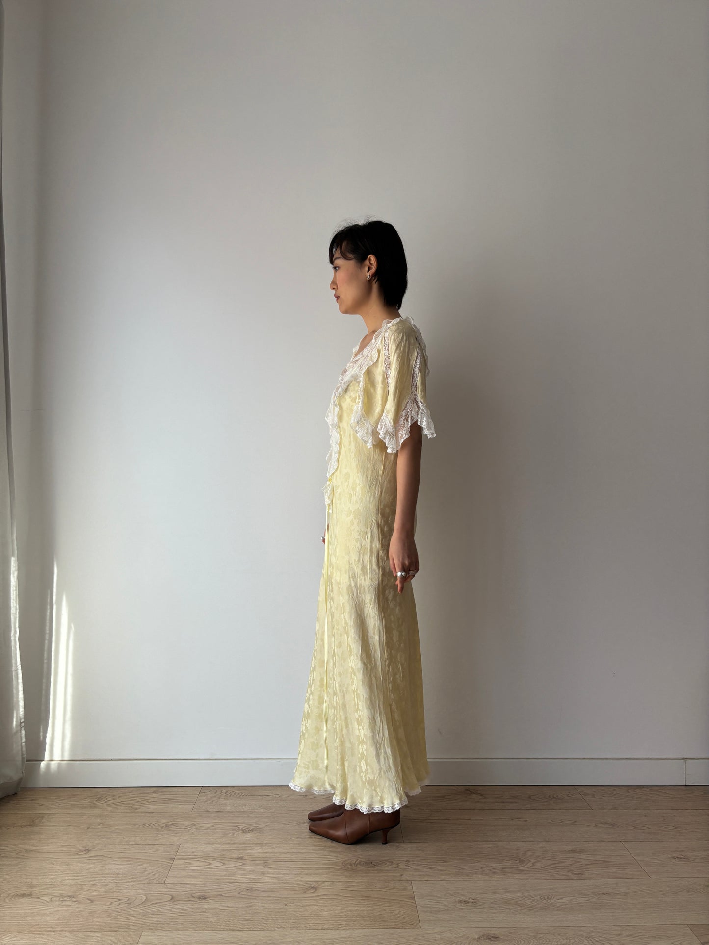 Vintage Yellow Silk Chemise: Floral & Bow Embroidery, Tonal Floral Pattern