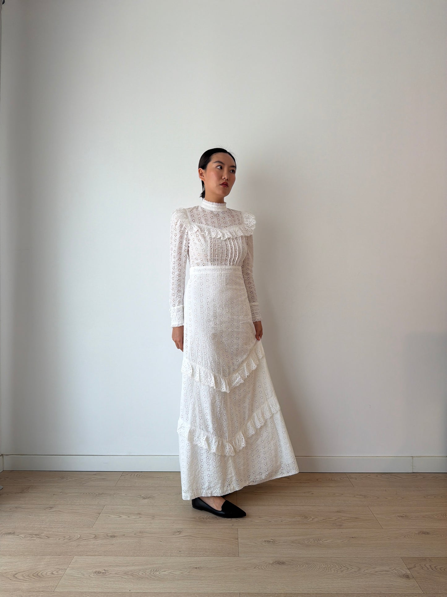Vintage 1970s White Cotton Edwardian Style Revival Dress, Romantic Prairie Maxi Gown