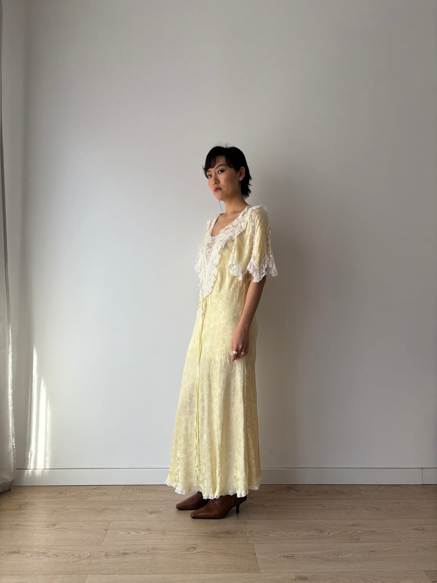 Vintage Yellow Silk Chemise: Floral & Bow Embroidery, Tonal Floral Pattern