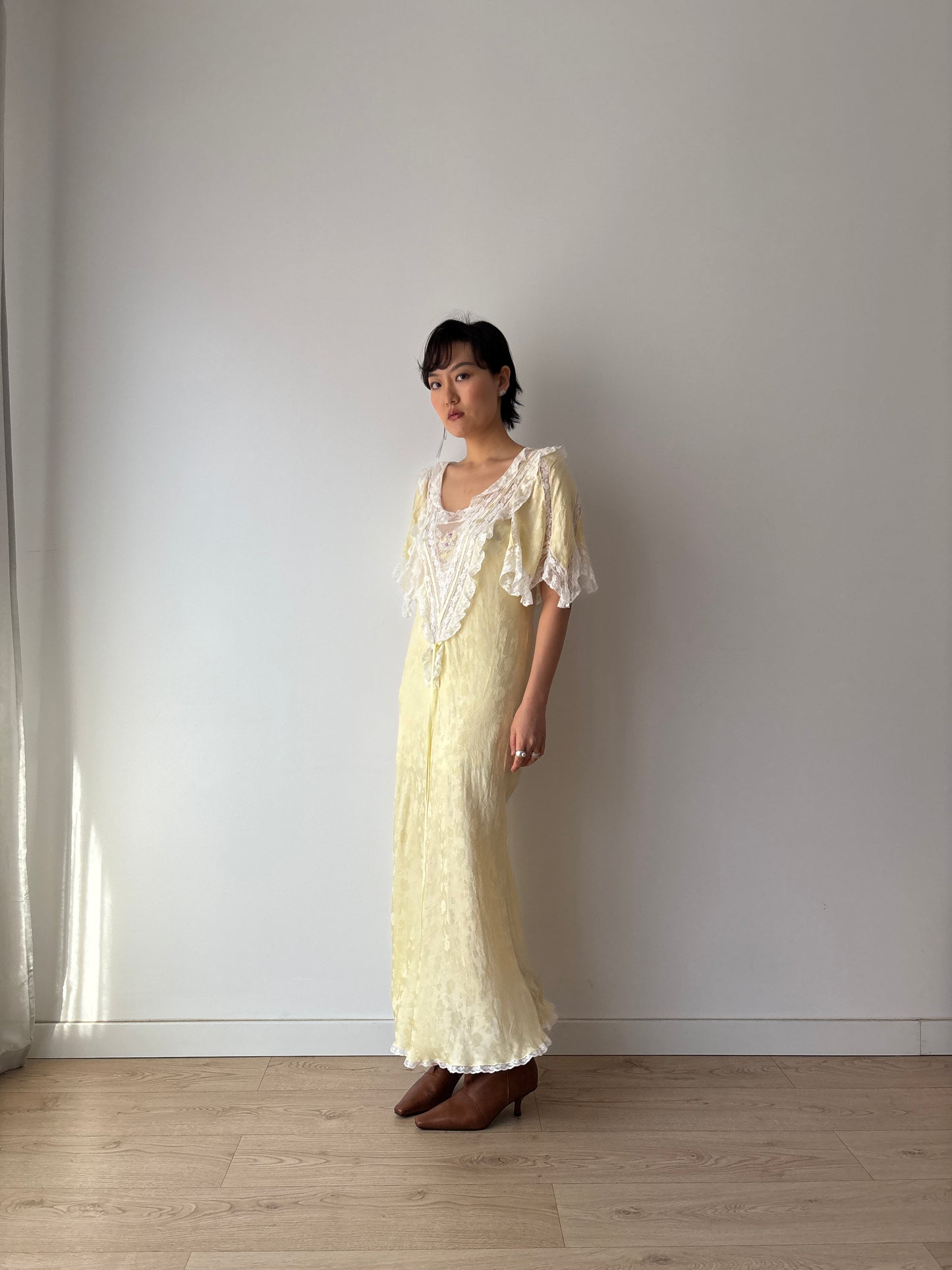 Vintage Yellow Silk Chemise: Floral & Bow Embroidery, Tonal Floral Pattern