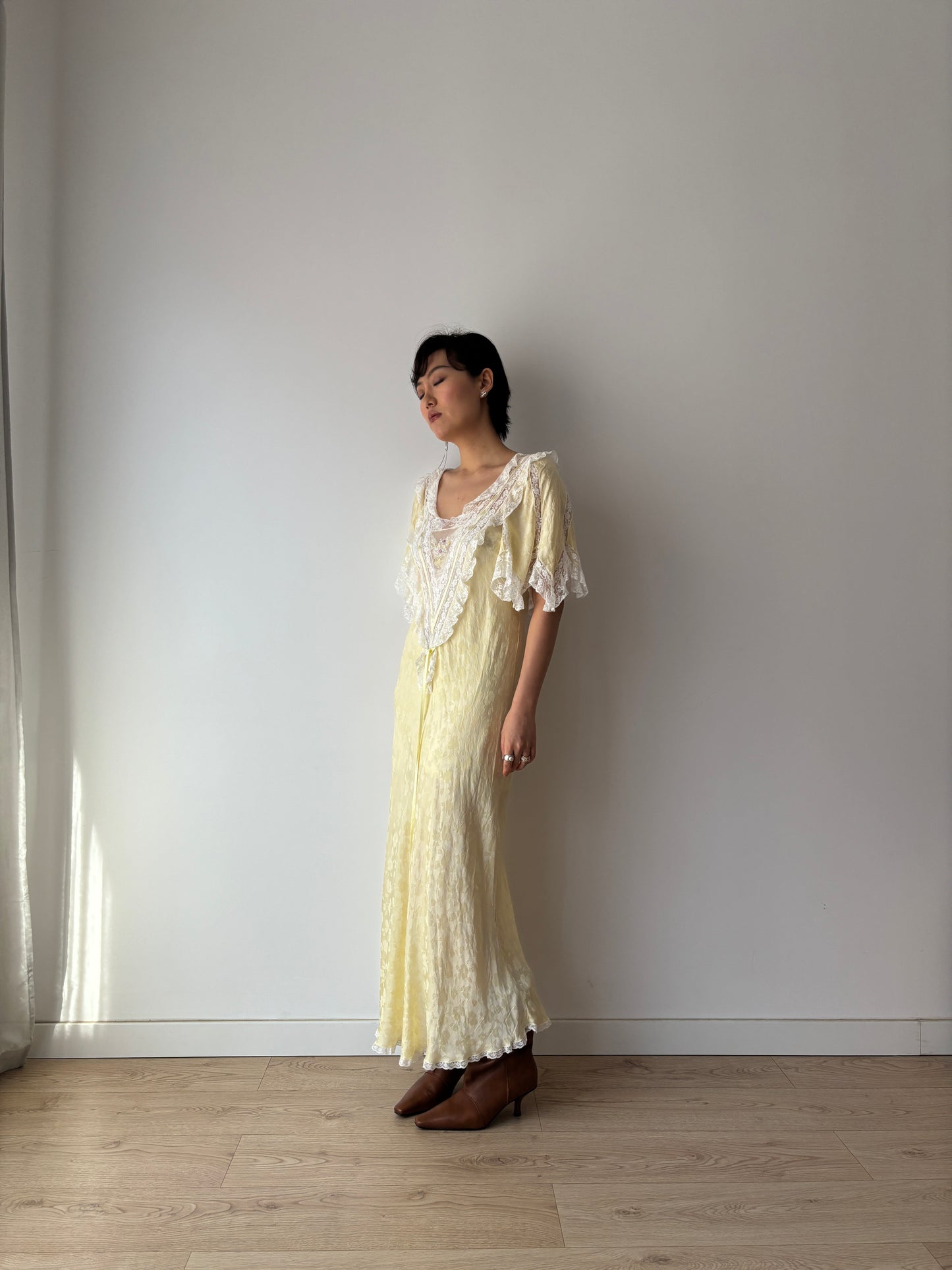 Vintage Yellow Silk Chemise: Floral & Bow Embroidery, Tonal Floral Pattern