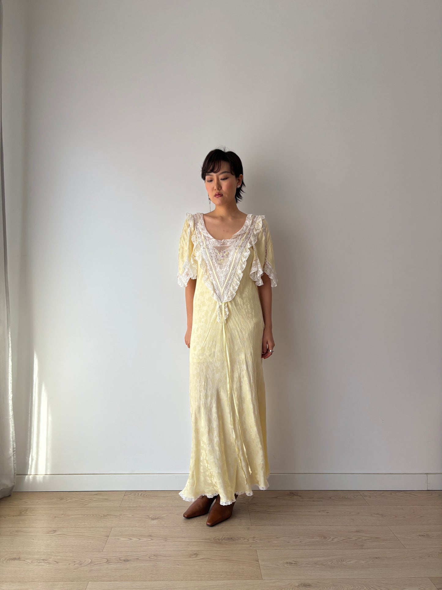 Vintage Yellow Silk Chemise: Floral & Bow Embroidery, Tonal Floral Pattern