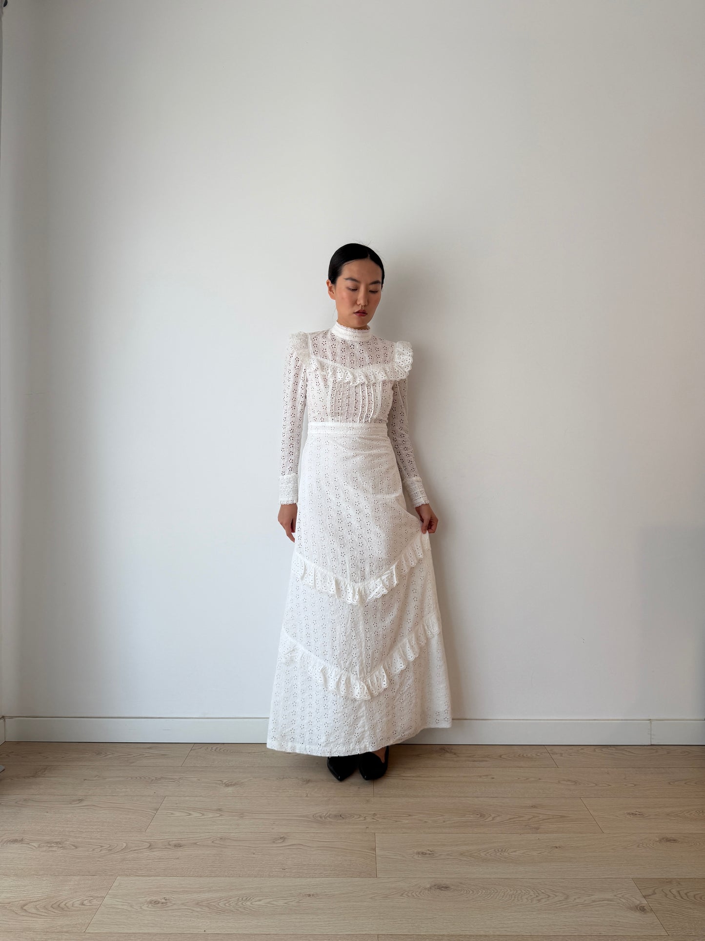 Vintage 1970s White Cotton Edwardian Style Revival Dress, Romantic Prairie Maxi Gown