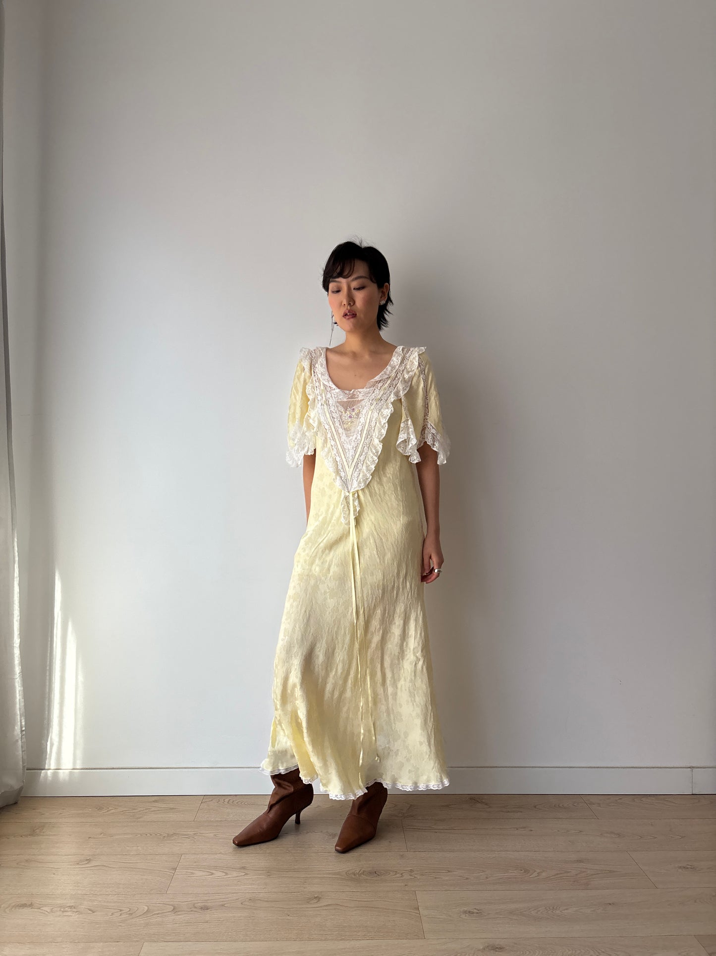 Vintage Yellow Silk Chemise: Floral & Bow Embroidery, Tonal Floral Pattern