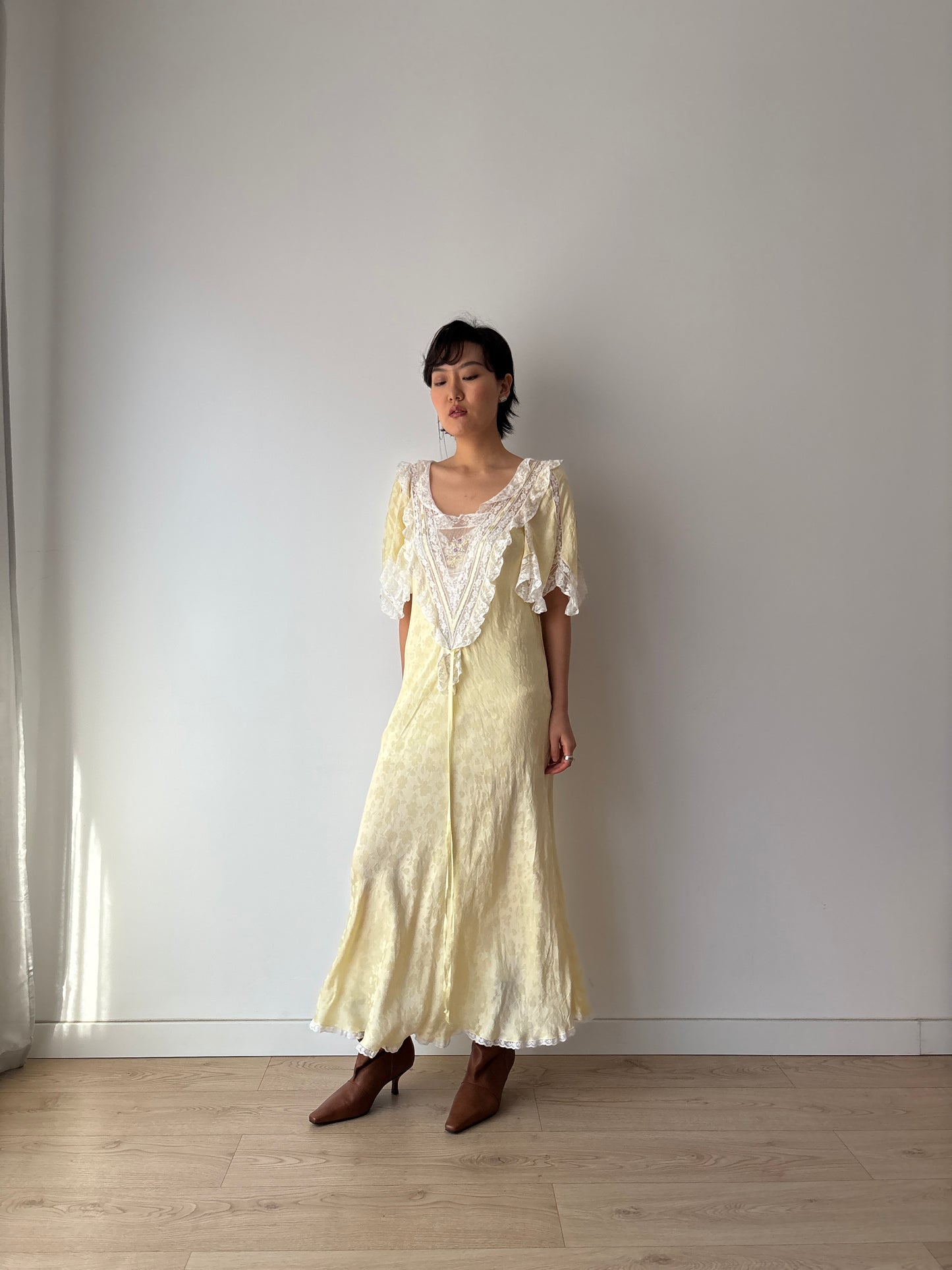 Vintage Yellow Silk Chemise: Floral & Bow Embroidery, Tonal Floral Pattern