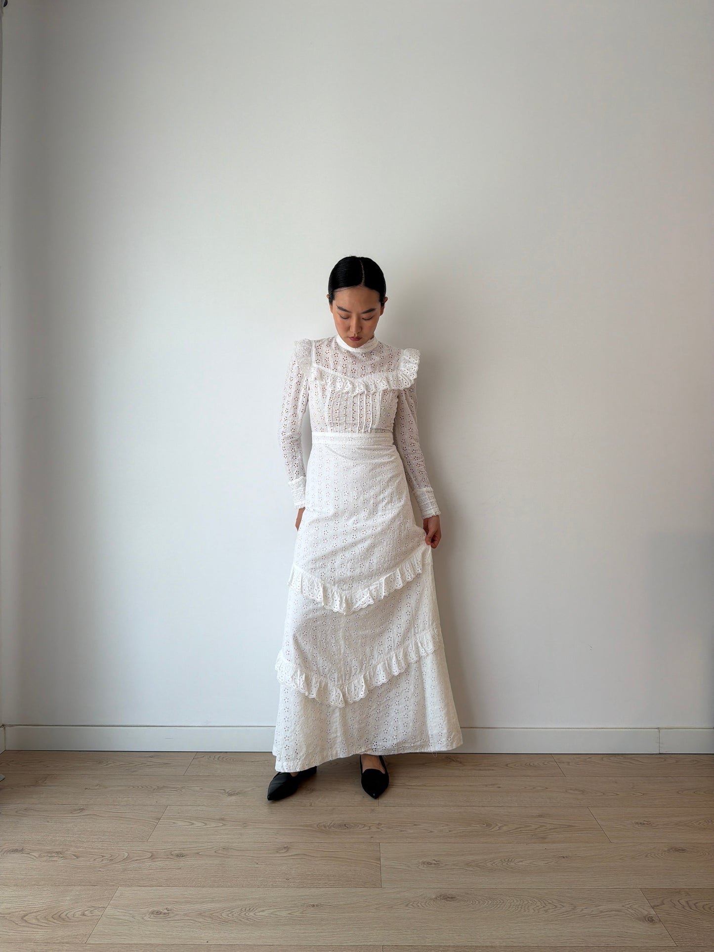 Vintage 1970s White Cotton Edwardian Style Revival Dress, Romantic Prairie Maxi Gown
