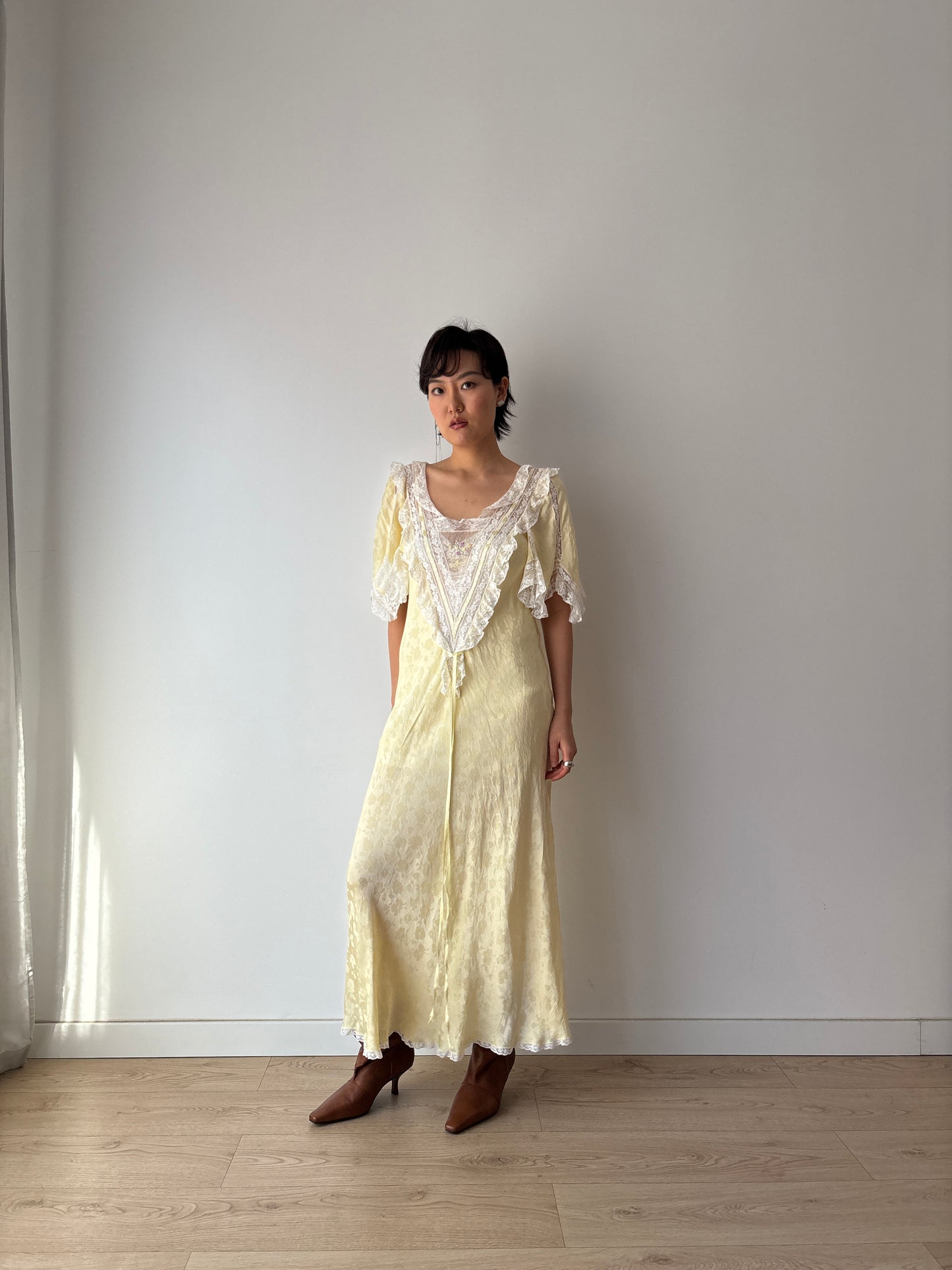 Vintage Yellow Silk Chemise: Floral & Bow Embroidery, Tonal Floral Pattern