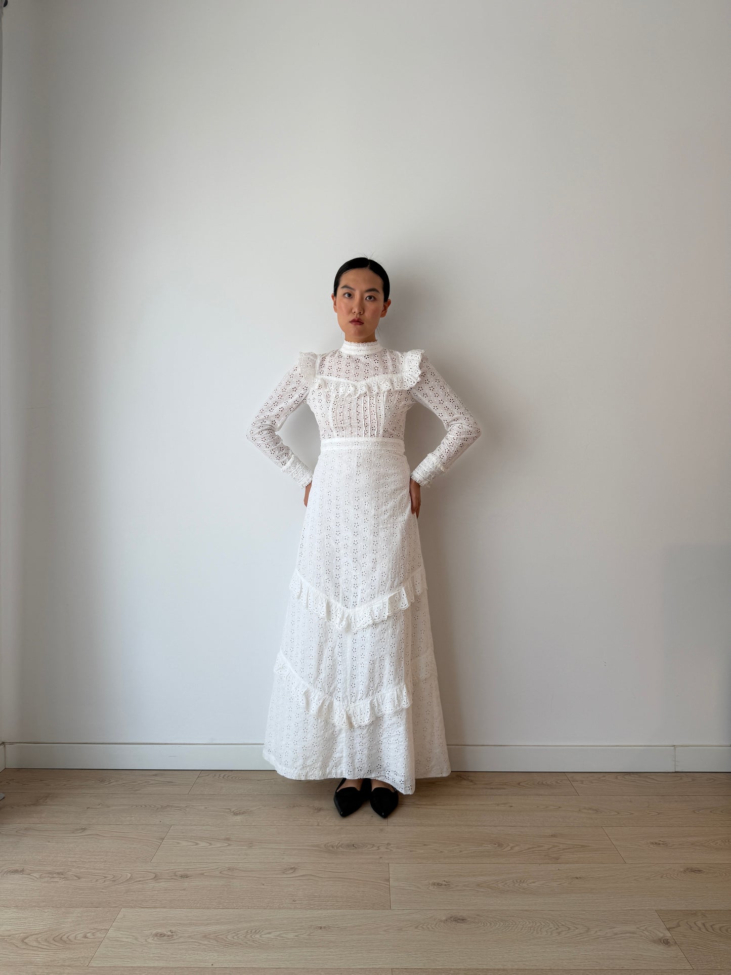Vintage 1970s White Cotton Edwardian Style Revival Dress, Romantic Prairie Maxi Gown