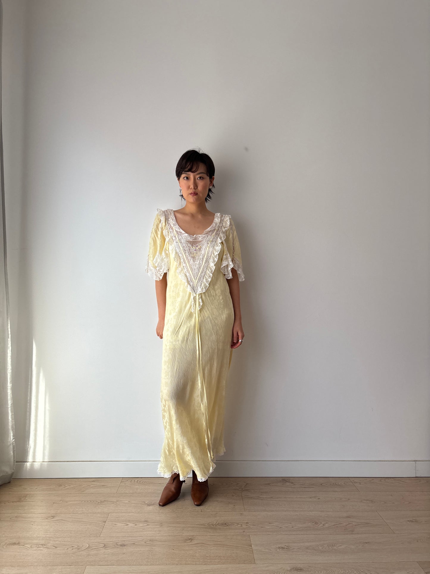 Vintage Yellow Silk Chemise: Floral & Bow Embroidery, Tonal Floral Pattern