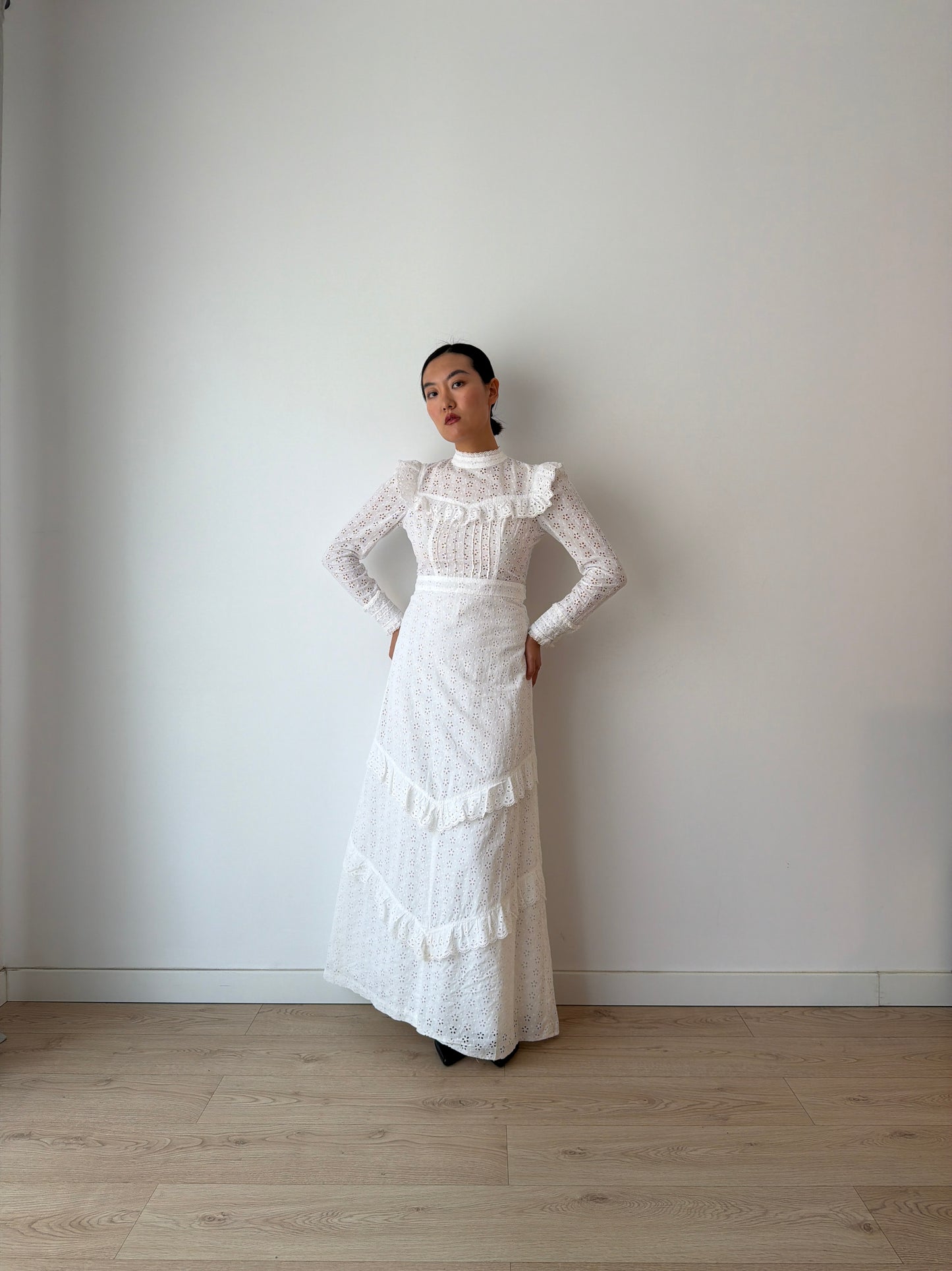 Vintage 1970s White Cotton Edwardian Style Revival Dress, Romantic Prairie Maxi Gown