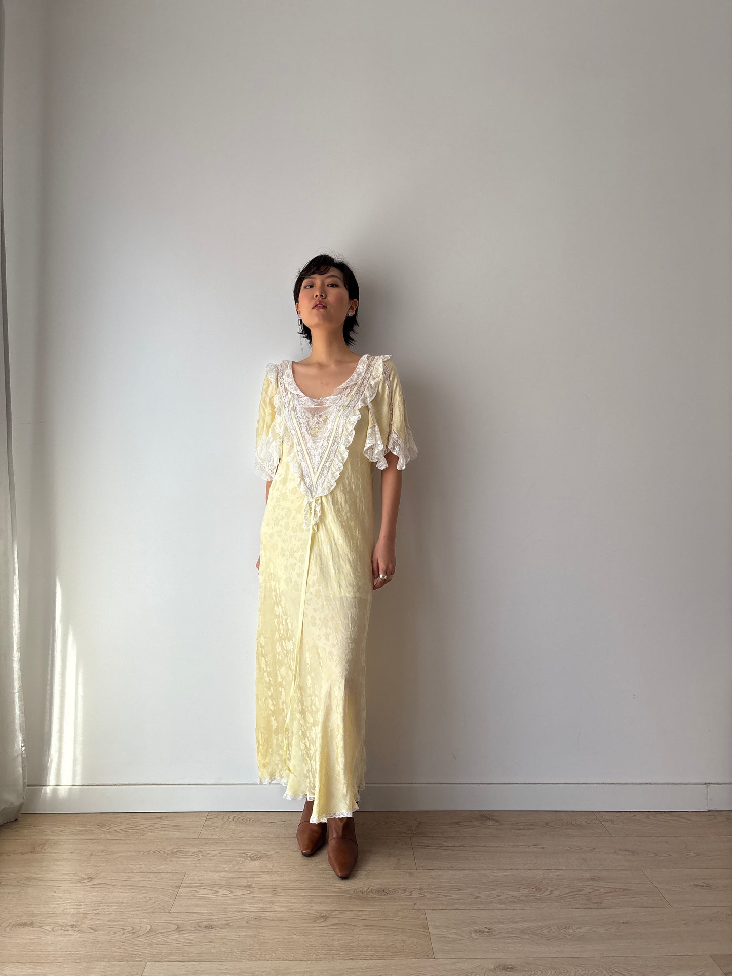 Vintage Yellow Silk Chemise: Floral & Bow Embroidery, Tonal Floral Pattern