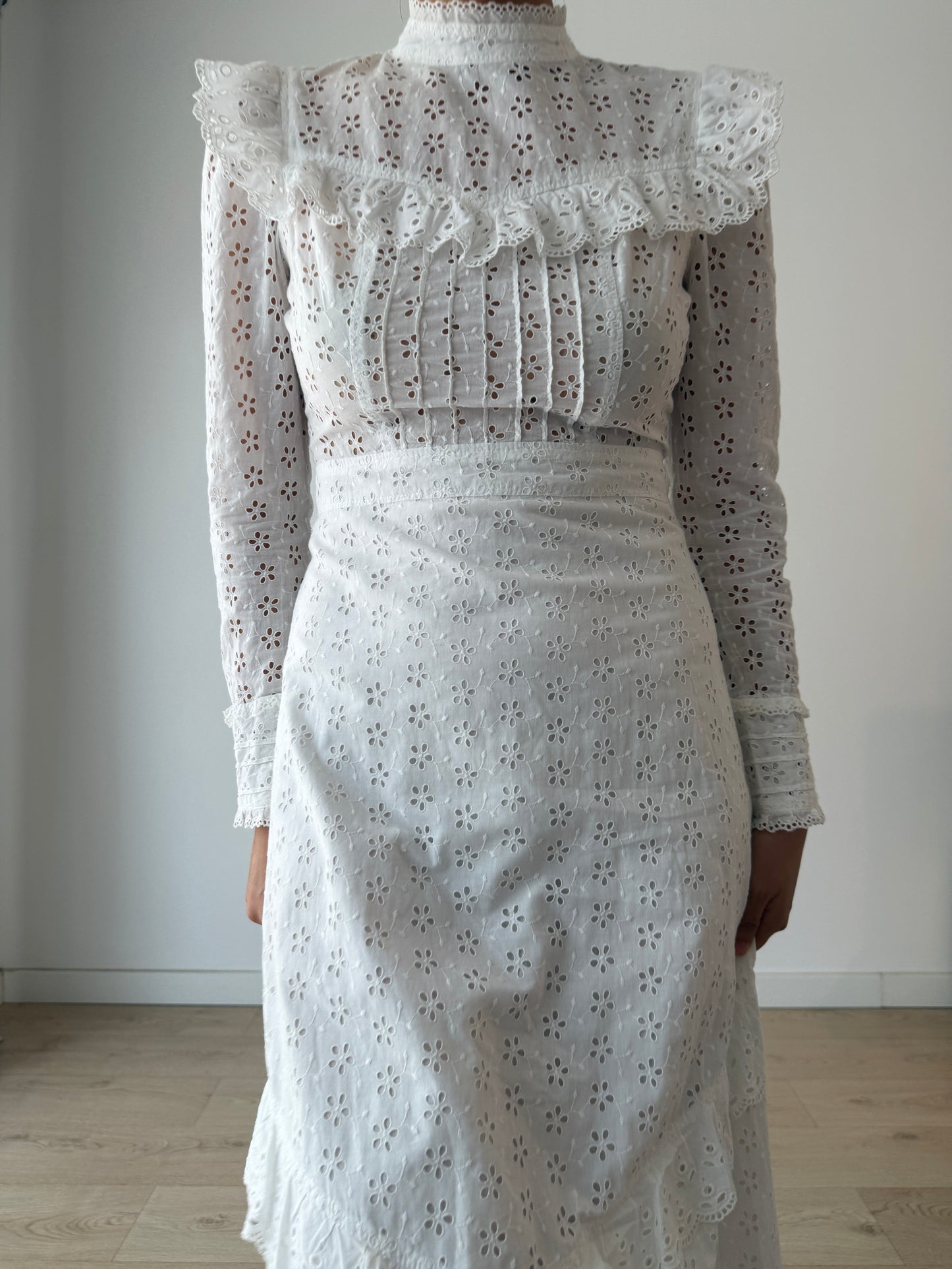 Vintage 1970s White Cotton Edwardian Style Revival Dress, Romantic Prairie Maxi Gown