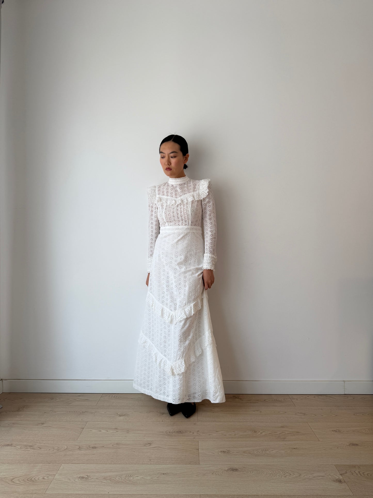 Vintage 1970s White Cotton Edwardian Style Revival Dress, Romantic Prairie Maxi Gown