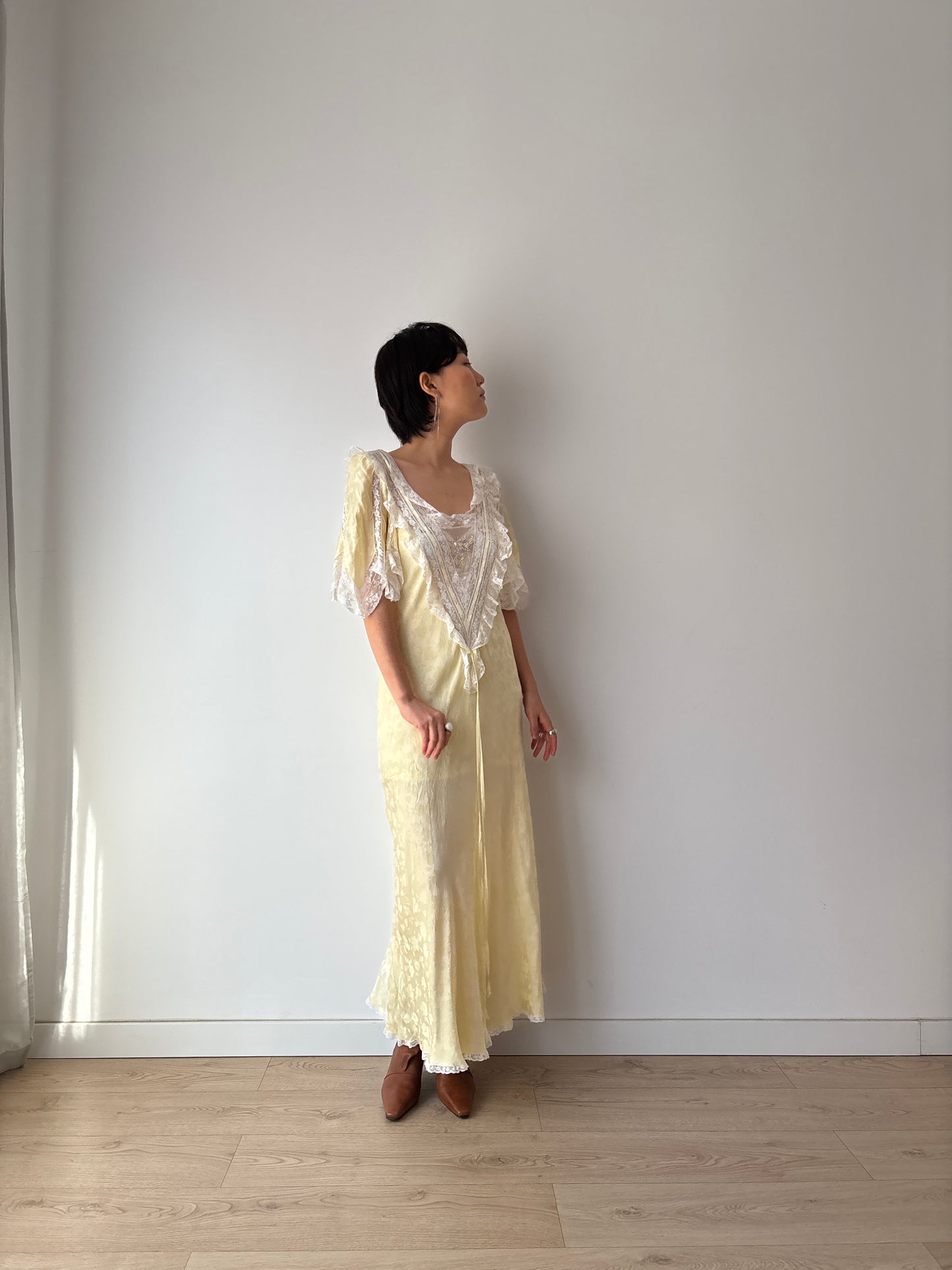 Vintage Yellow Silk Chemise: Floral & Bow Embroidery, Tonal Floral Pattern