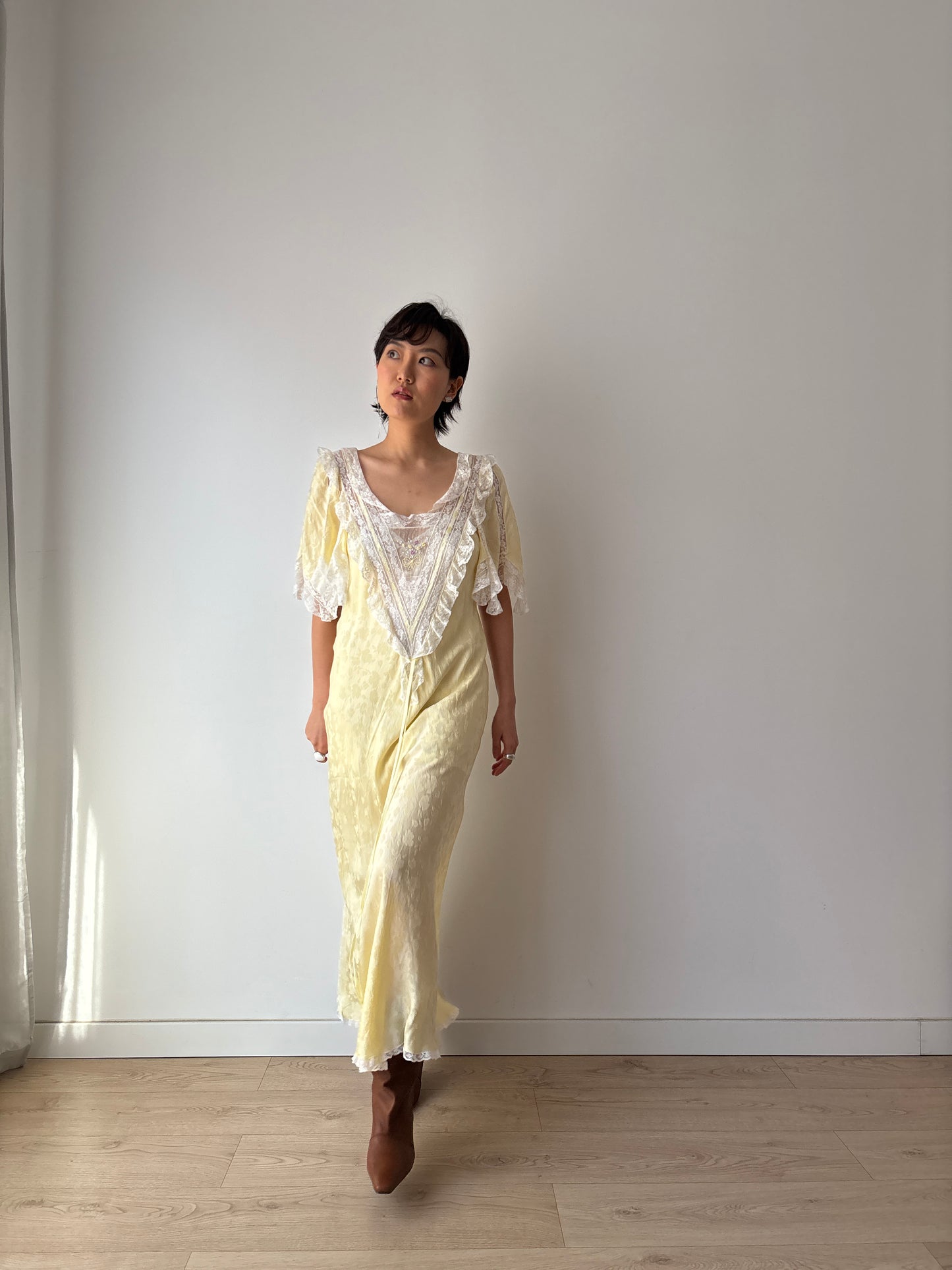 Vintage Yellow Silk Chemise: Floral & Bow Embroidery, Tonal Floral Pattern