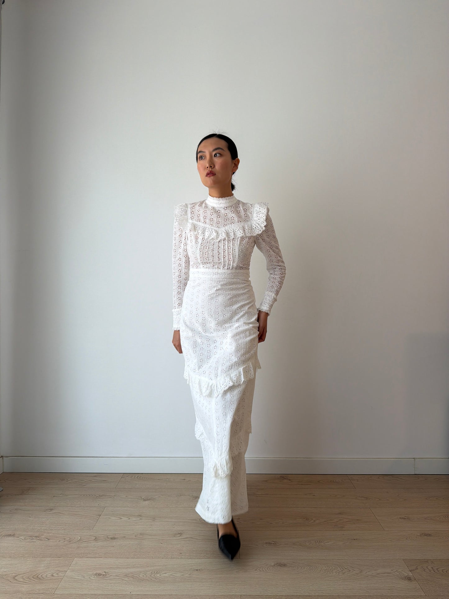 Vintage 1970s White Cotton Edwardian Style Revival Dress, Romantic Prairie Maxi Gown