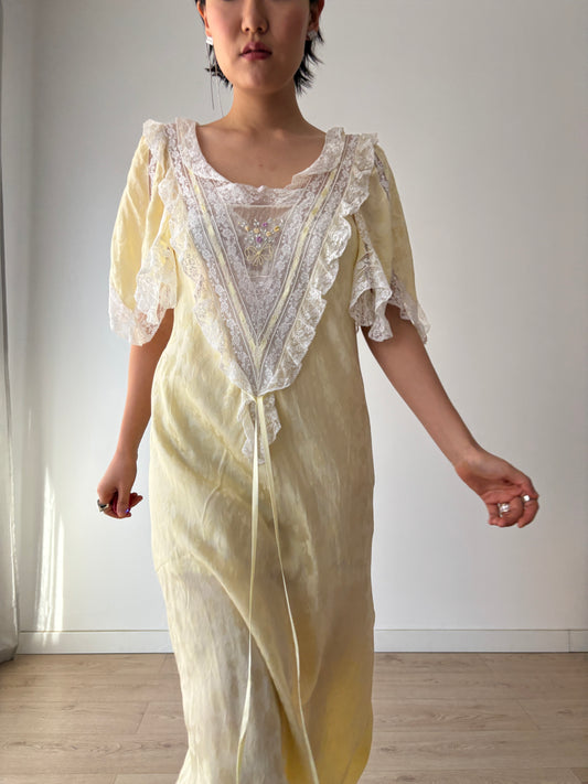 Vintage Yellow Silk Chemise: Floral & Bow Embroidery, Tonal Floral Pattern