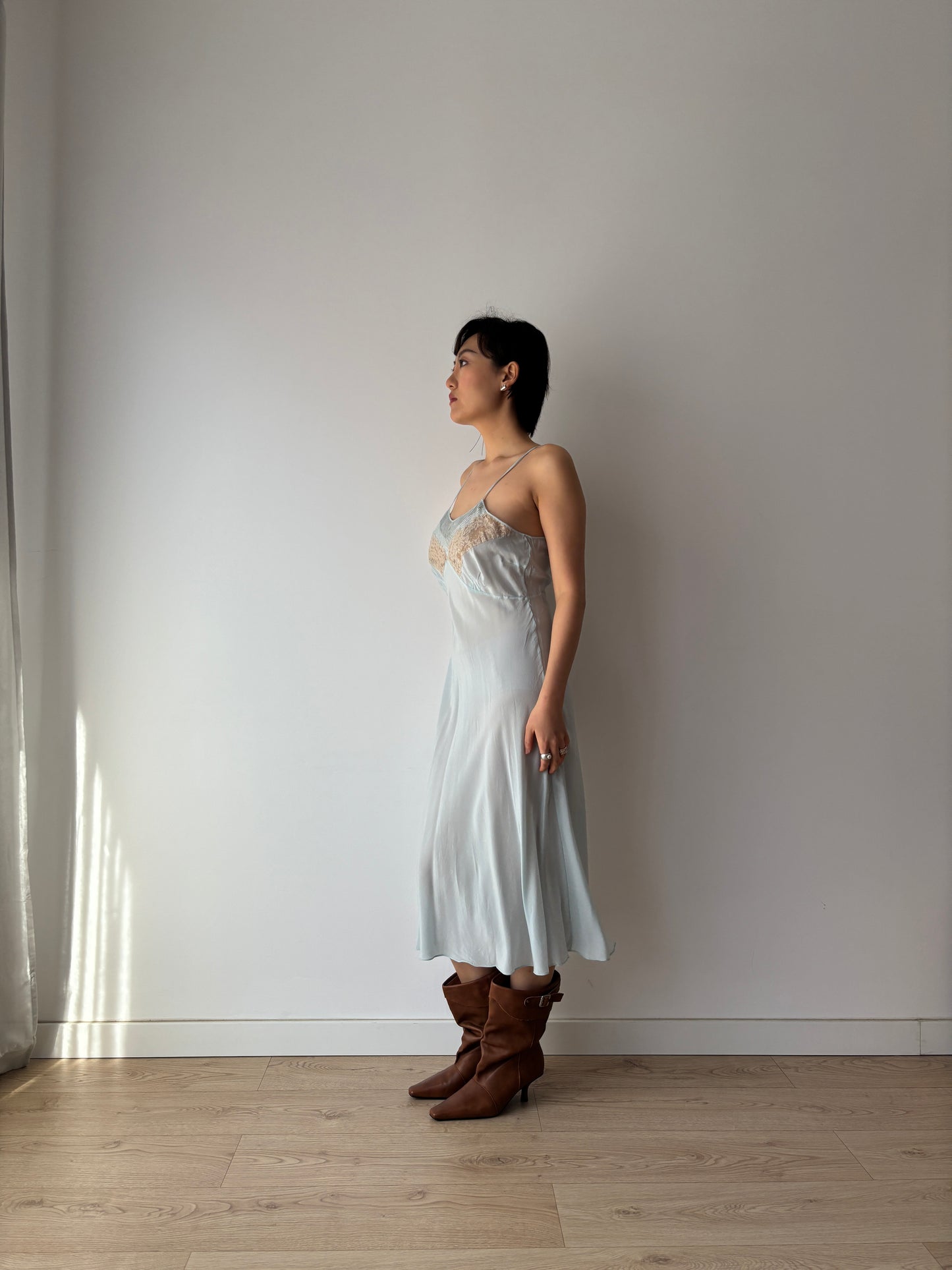 Antique 1930s Pastel Blue Lace Pure Silk Crepe Slip Dress, 30s French Camisole