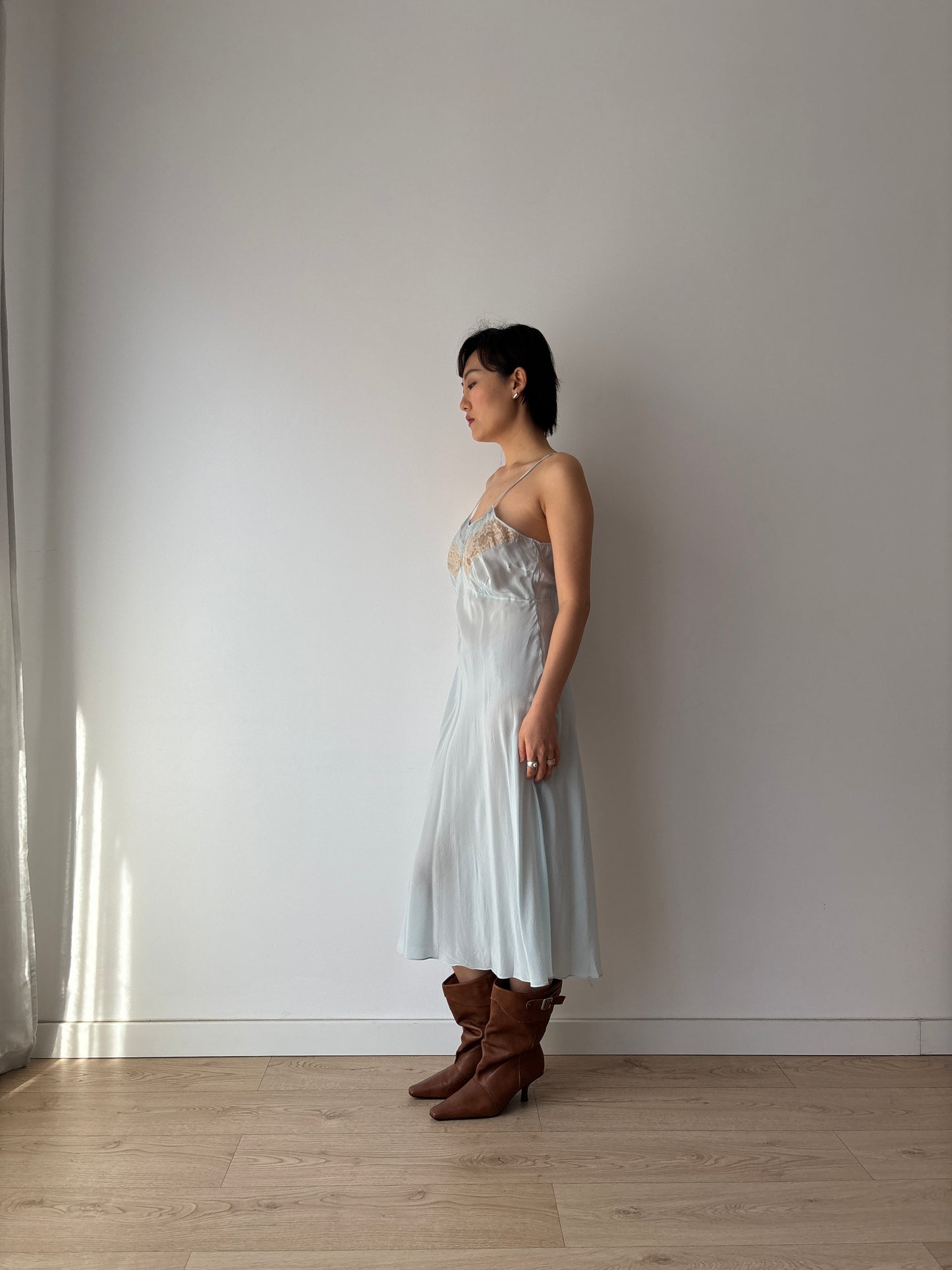 Antique 1930s Pastel Blue Lace Pure Silk Crepe Slip Dress, 30s French Camisole