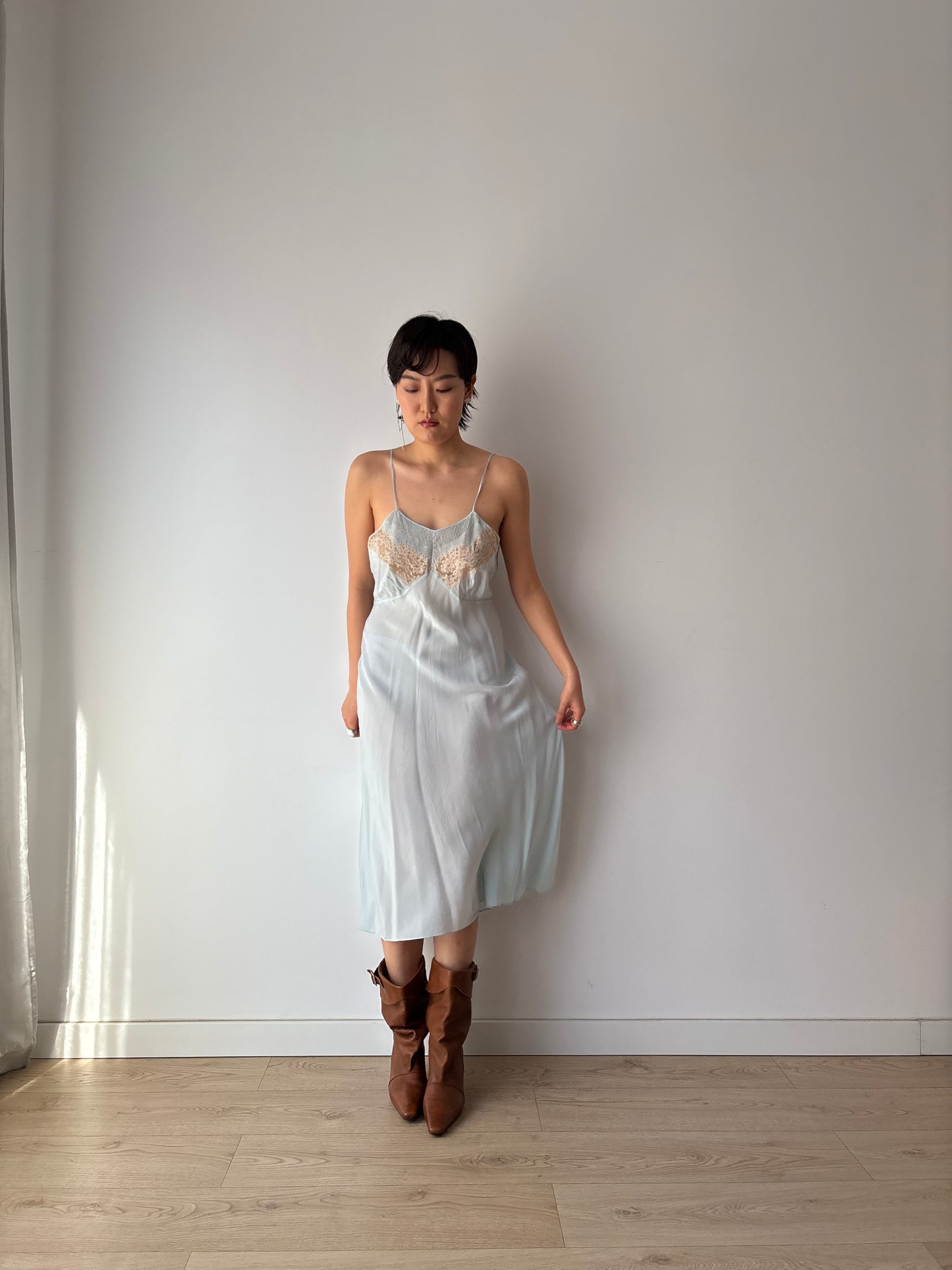 Antique 1930s Pastel Blue Lace Pure Silk Crepe Slip Dress, 30s French Camisole