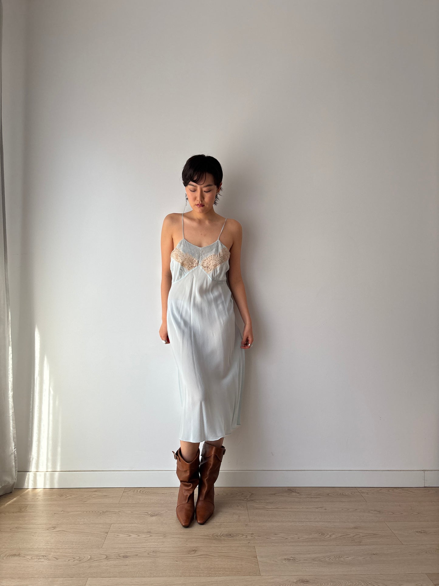 Antique 1930s Pastel Blue Lace Pure Silk Crepe Slip Dress, 30s French Camisole