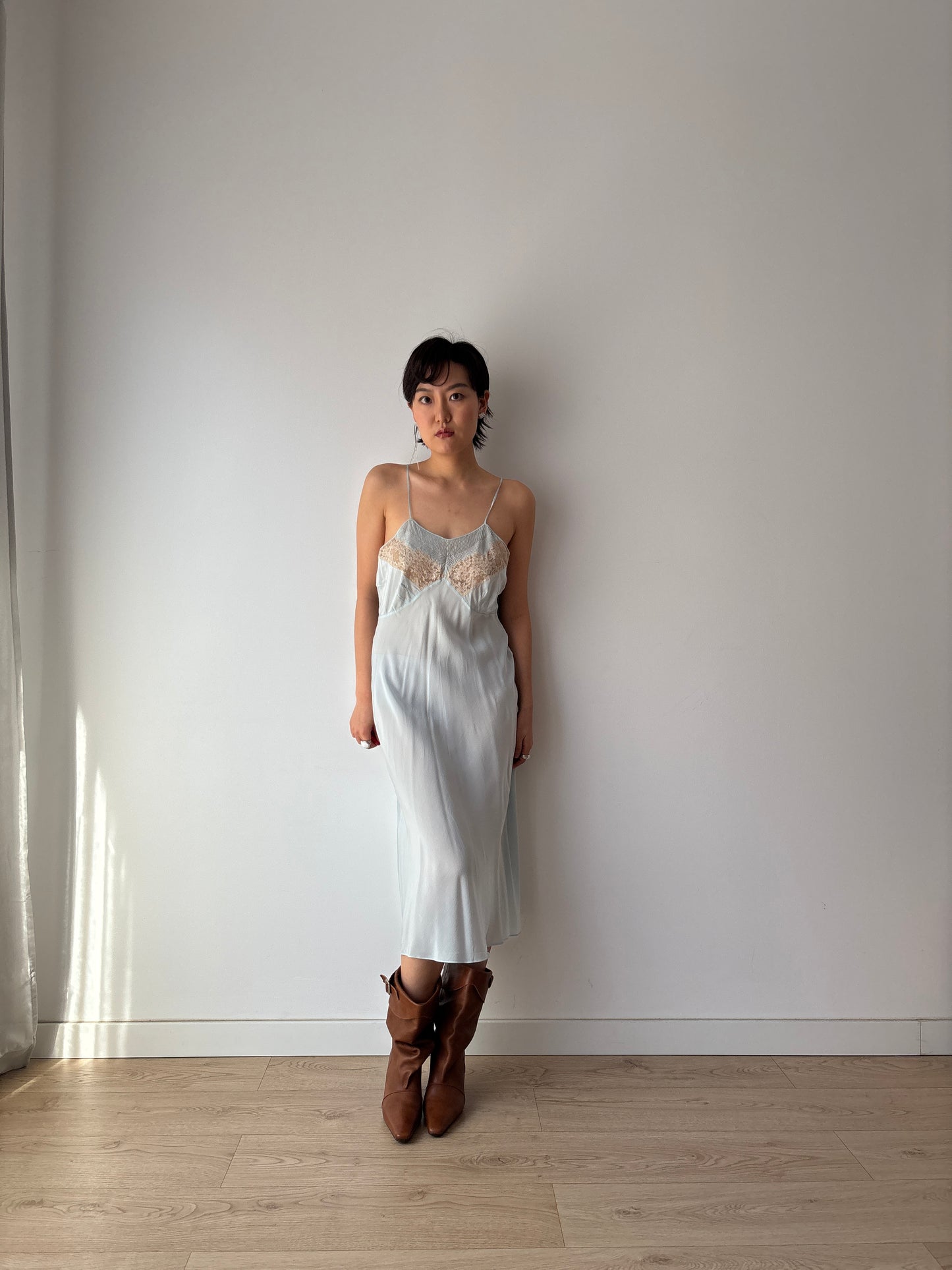 Antique 1930s Pastel Blue Lace Pure Silk Crepe Slip Dress, 30s French Camisole