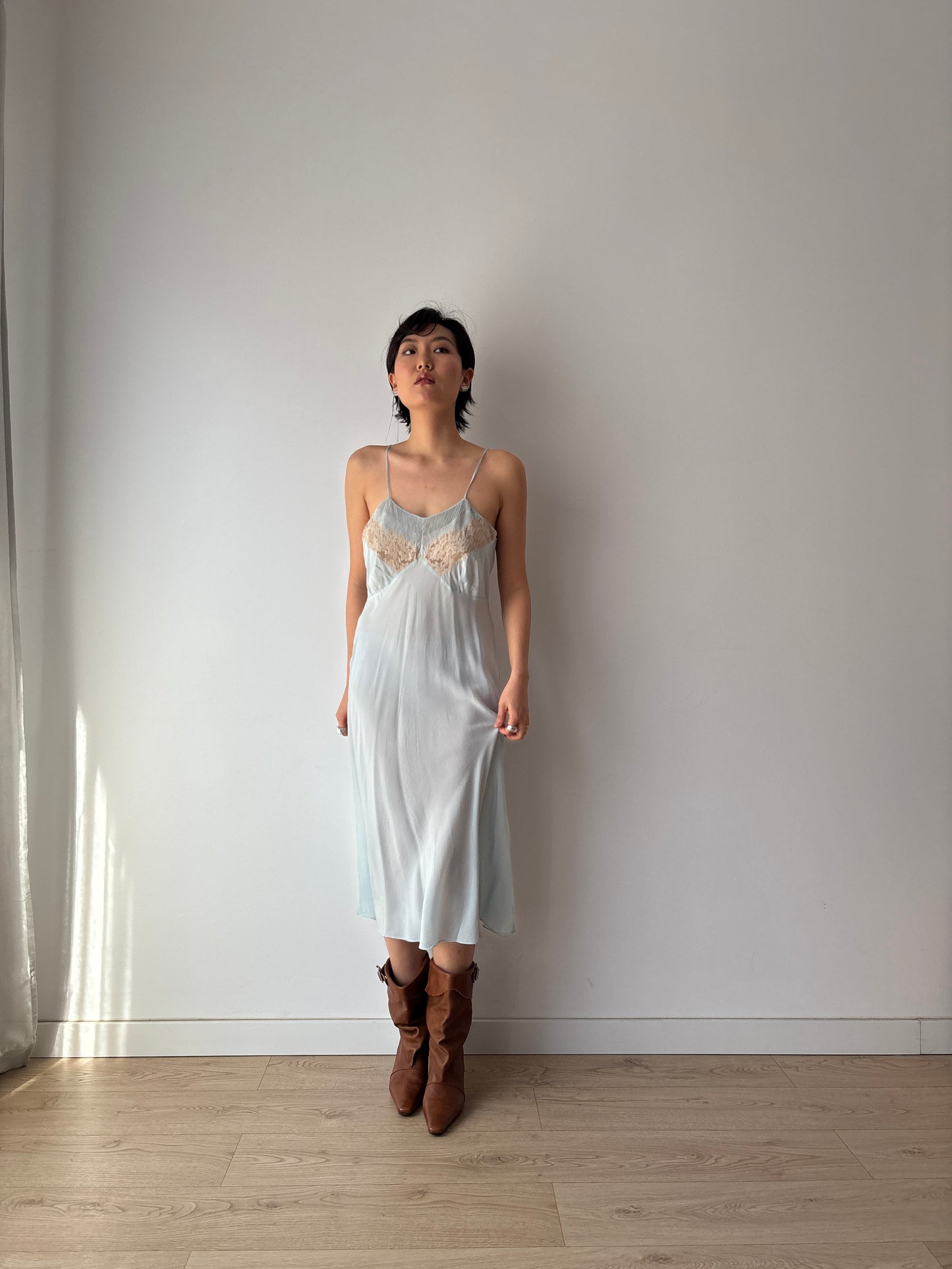 Antique 1930s Pastel Blue Lace Pure Silk Crepe Slip Dress, 30s French Camisole