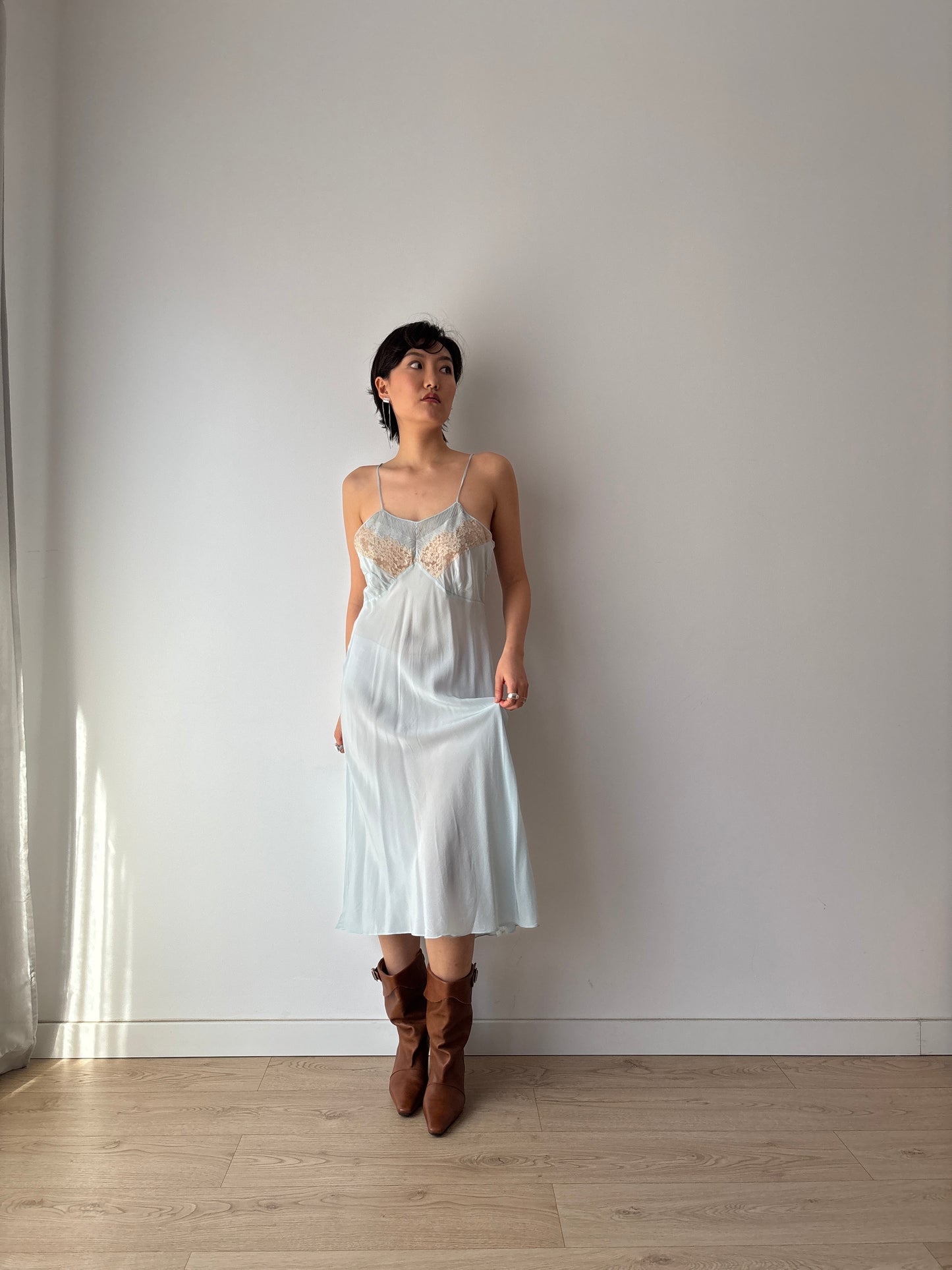 Antique 1930s Pastel Blue Lace Pure Silk Crepe Slip Dress, 30s French Camisole