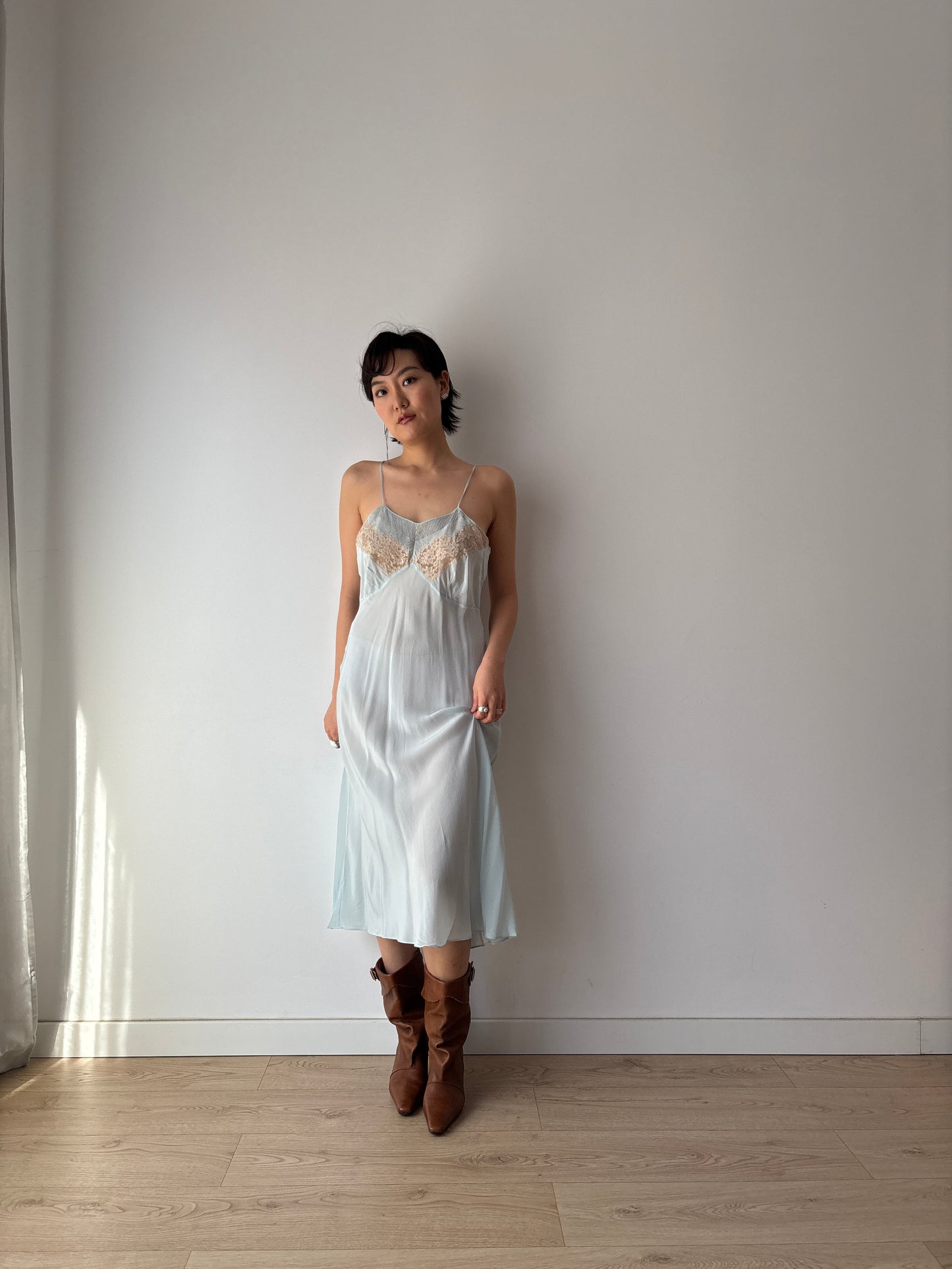 Antique 1930s Pastel Blue Lace Pure Silk Crepe Slip Dress, 30s French Camisole