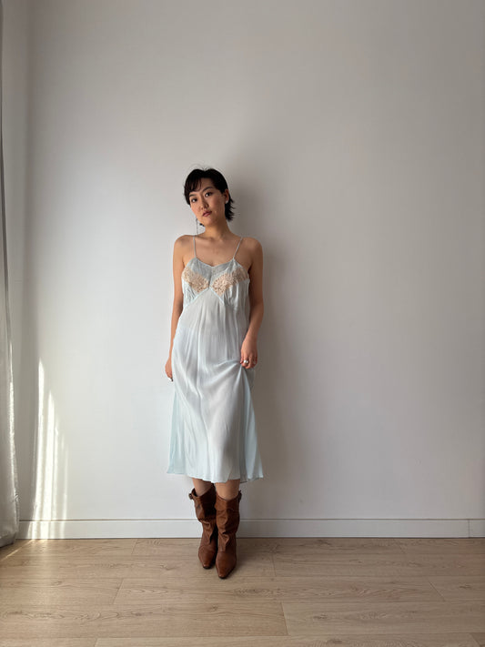 Antique 1930s Pastel Blue Lace Pure Silk Crepe Slip Dress, 30s French Camisole