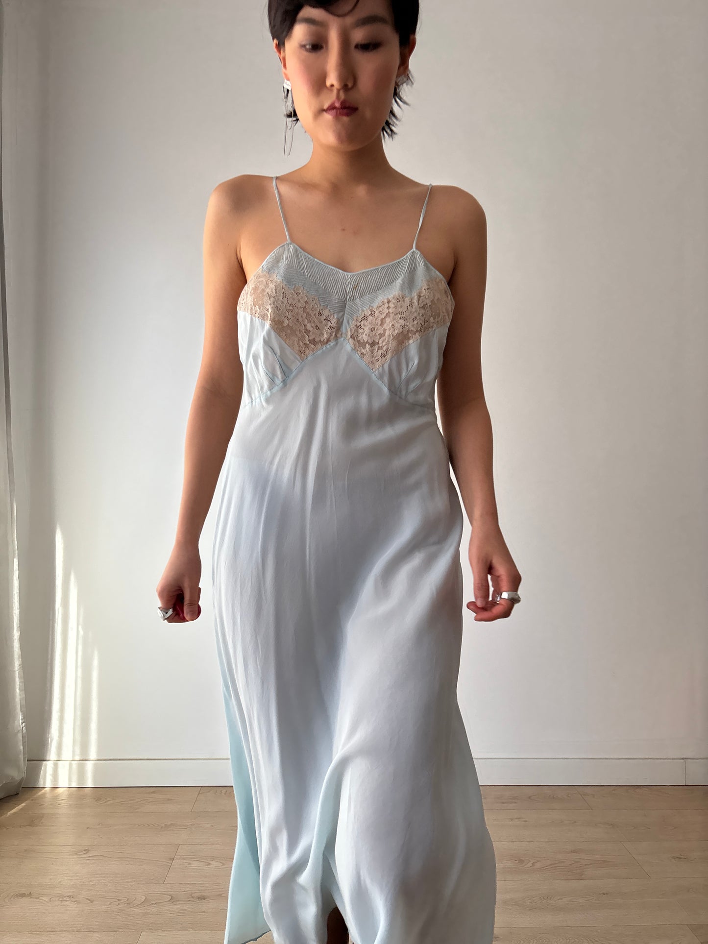 Antique 1930s Pastel Blue Lace Pure Silk Crepe Slip Dress, 30s French Camisole