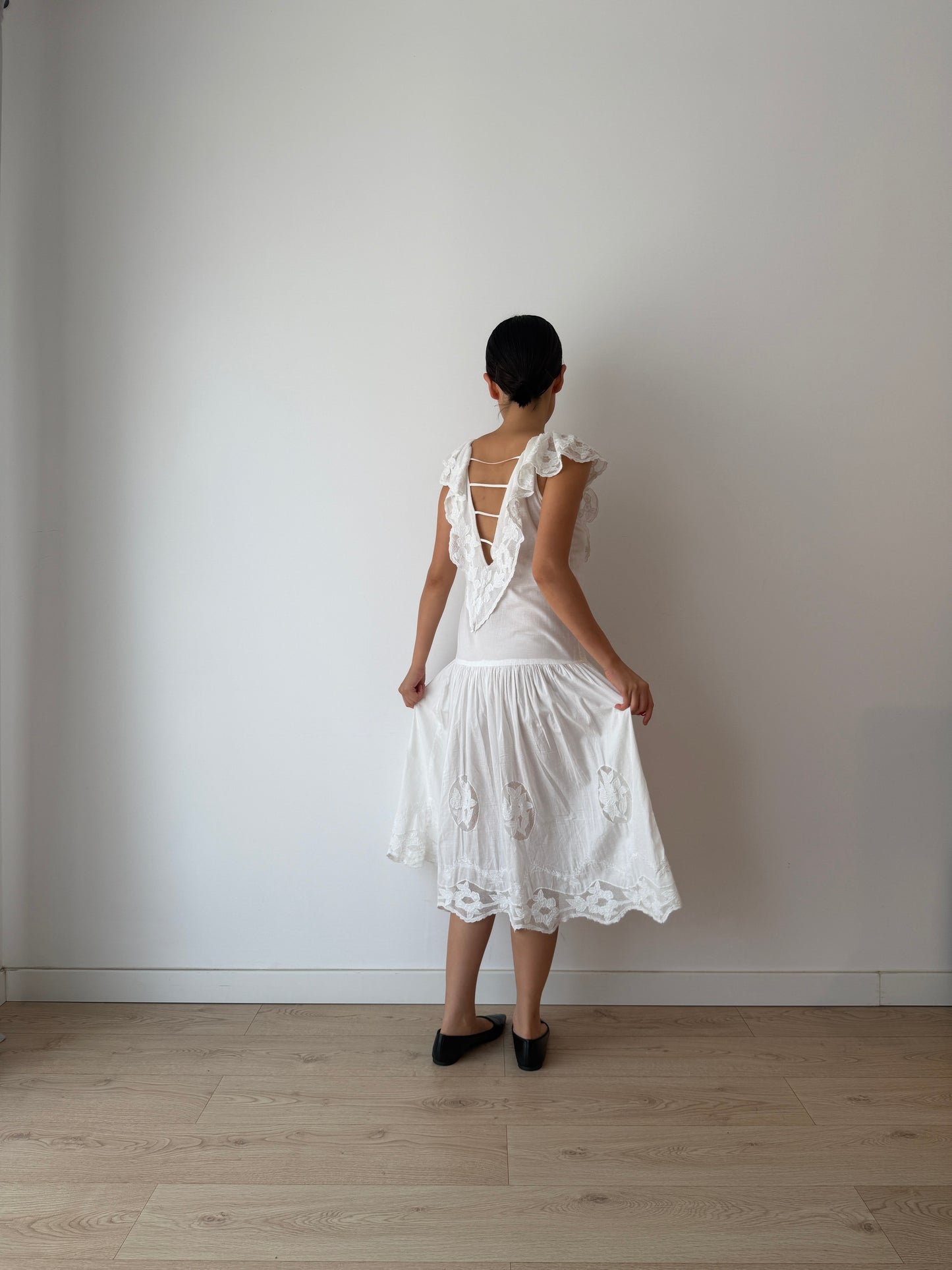 1940s 1950s White Cotton Floral Lace dress