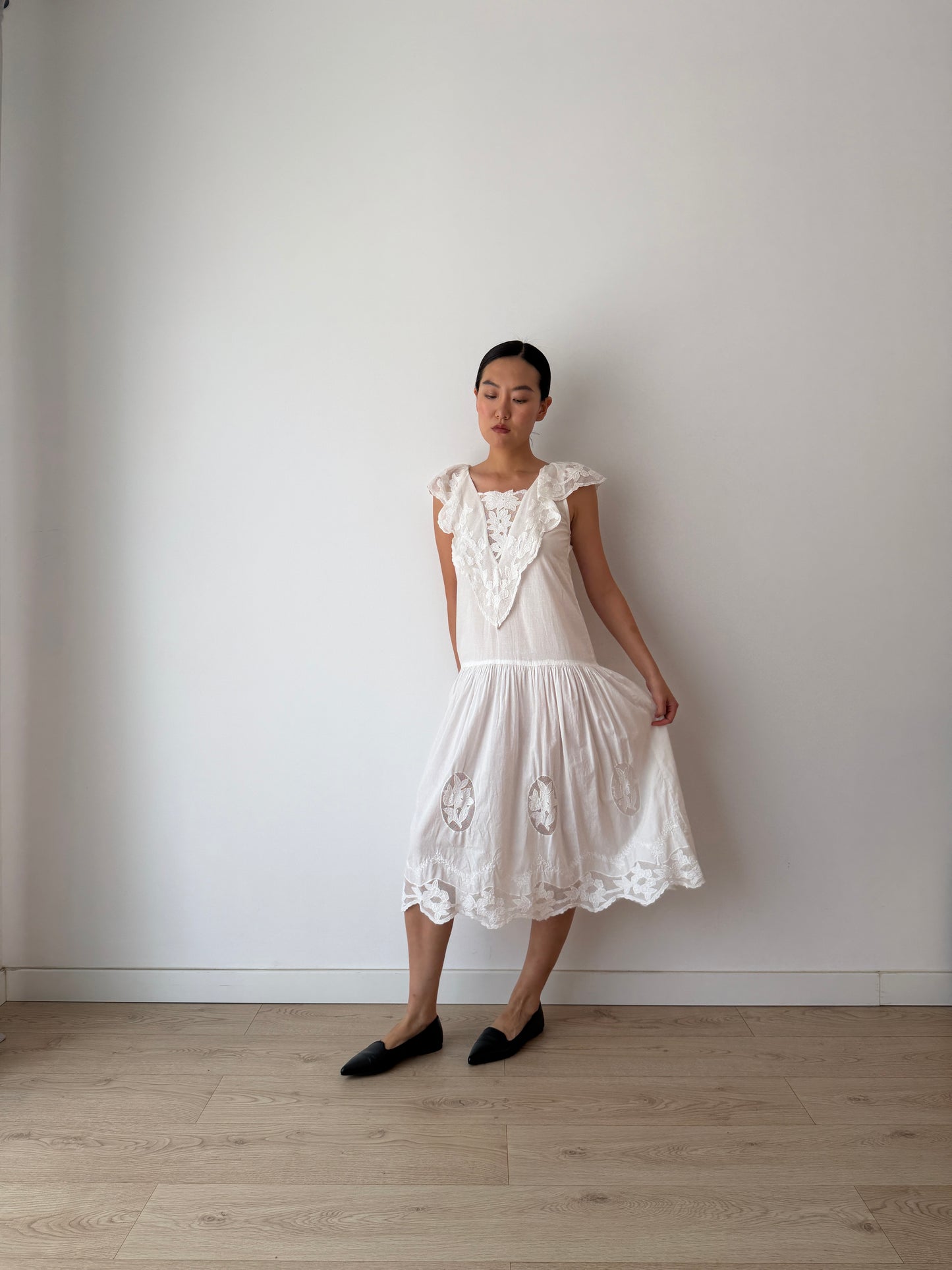 1940s 1950s White Cotton Floral Lace dress