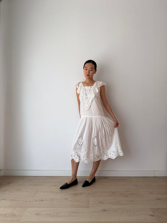1940s 1950s White Cotton Floral Lace dress