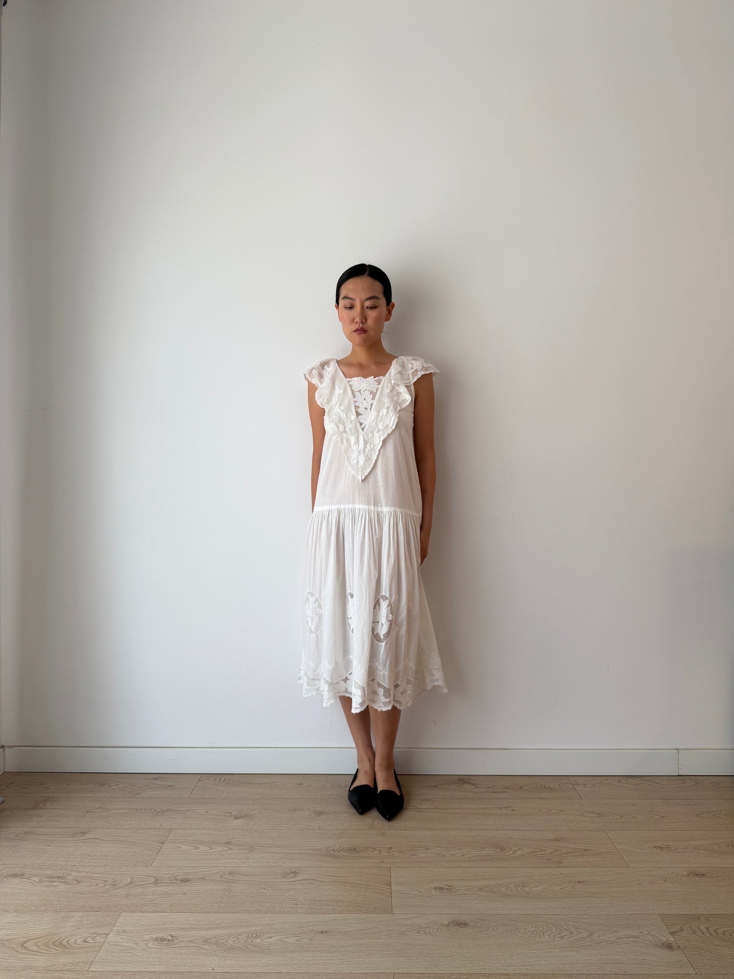 1940s 1950s White Cotton Floral Lace dress