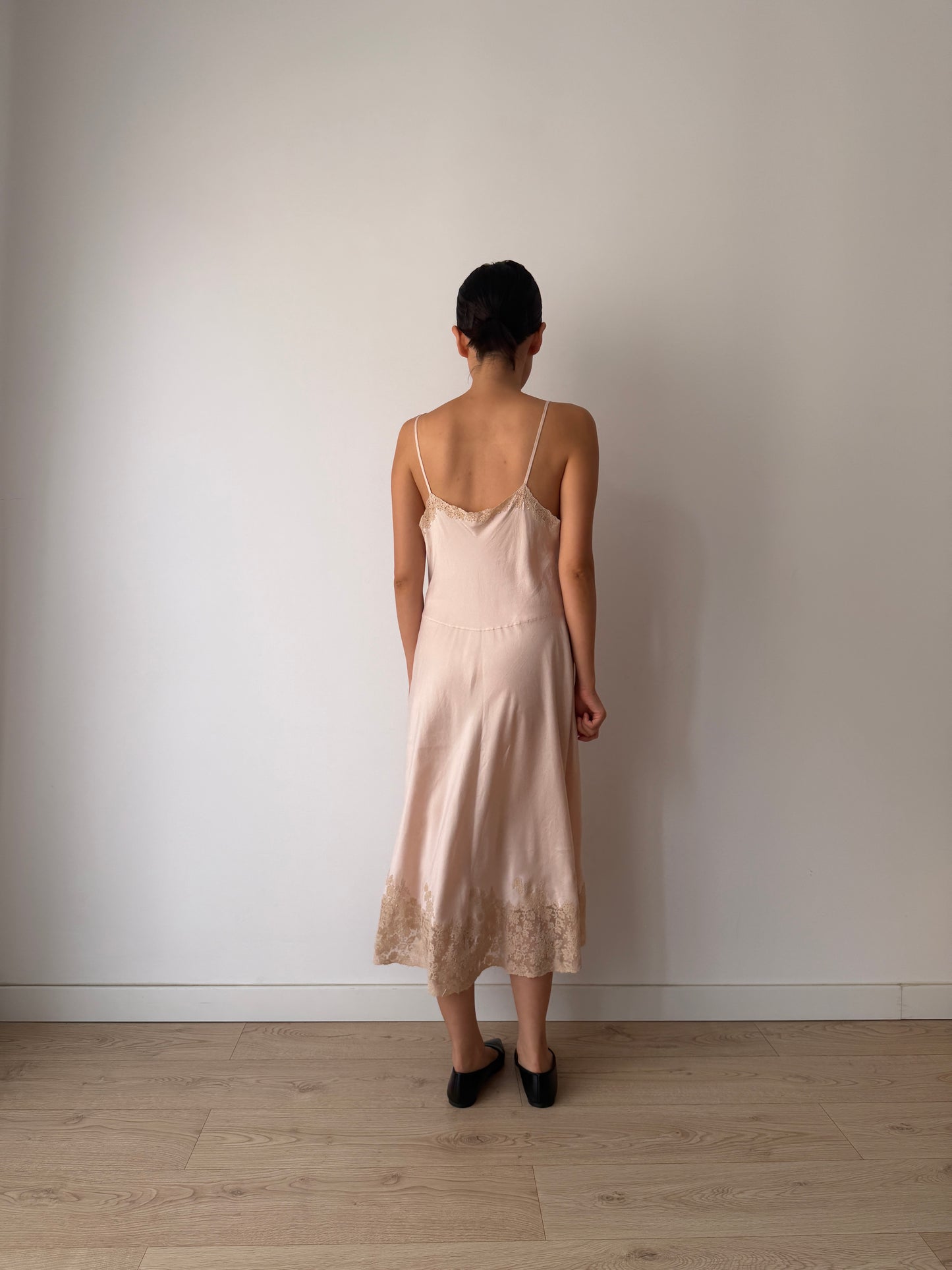 Rare 1940s Heavy Lace Pale Pink Floral Appliqué Pure Silk Bridal Camisole, 30s Slip Dress