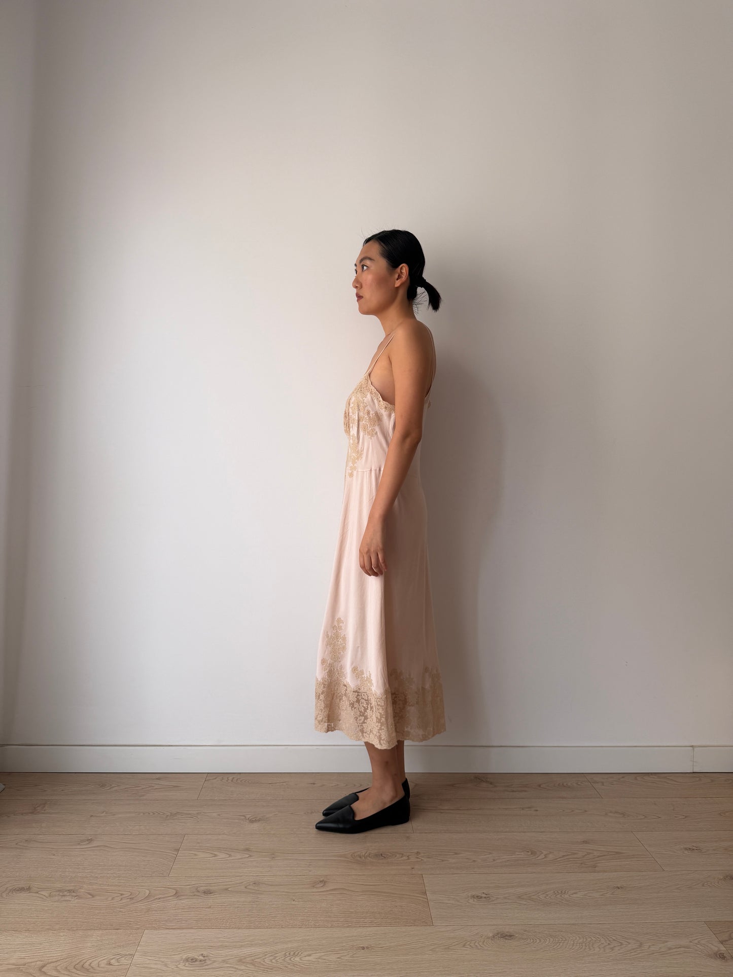 Rare 1940s Heavy Lace Pale Pink Floral Appliqué Pure Silk Bridal Camisole, 30s Slip Dress