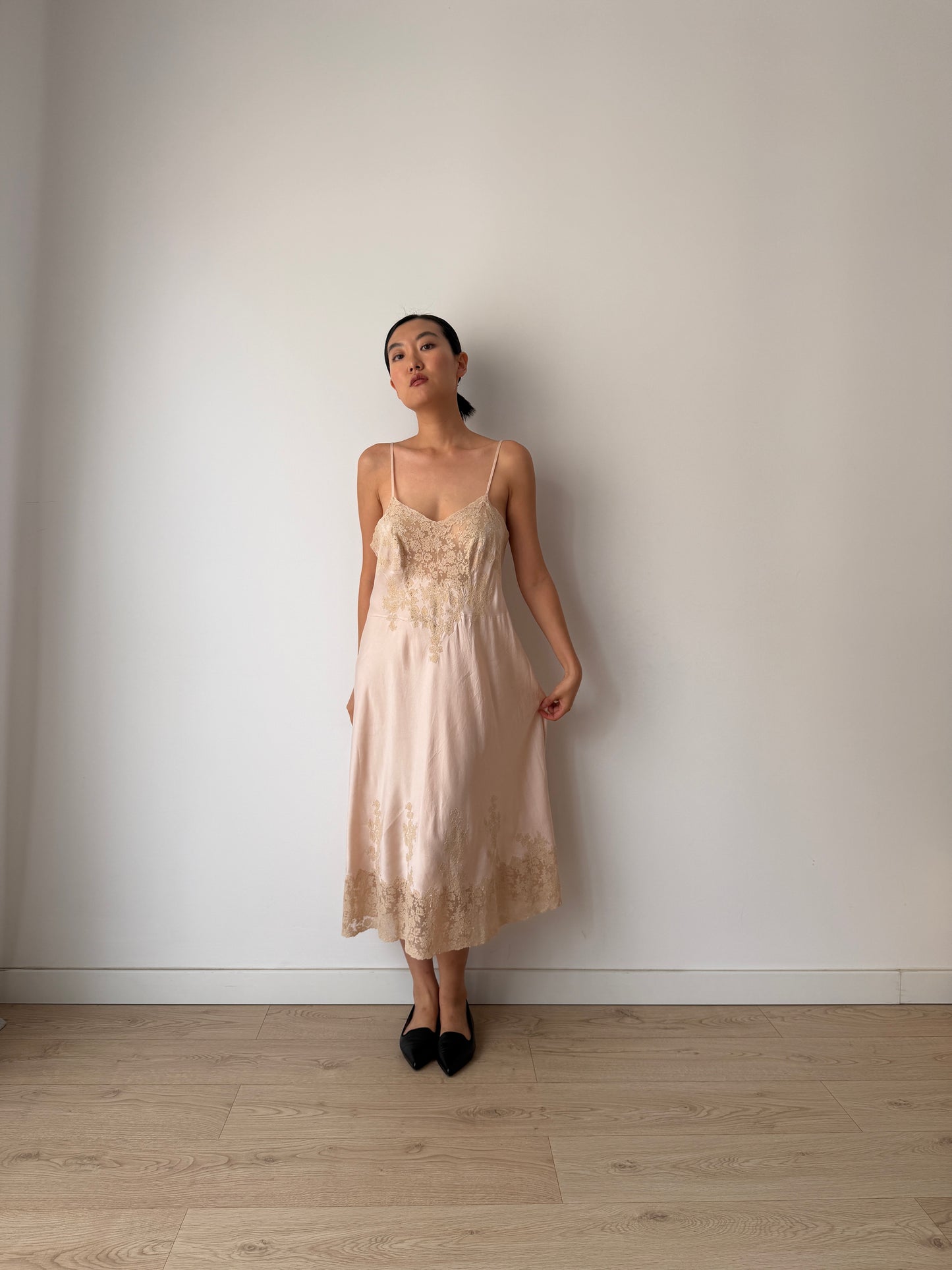 Rare 1940s Heavy Lace Pale Pink Floral Appliqué Pure Silk Bridal Camisole, 30s Slip Dress