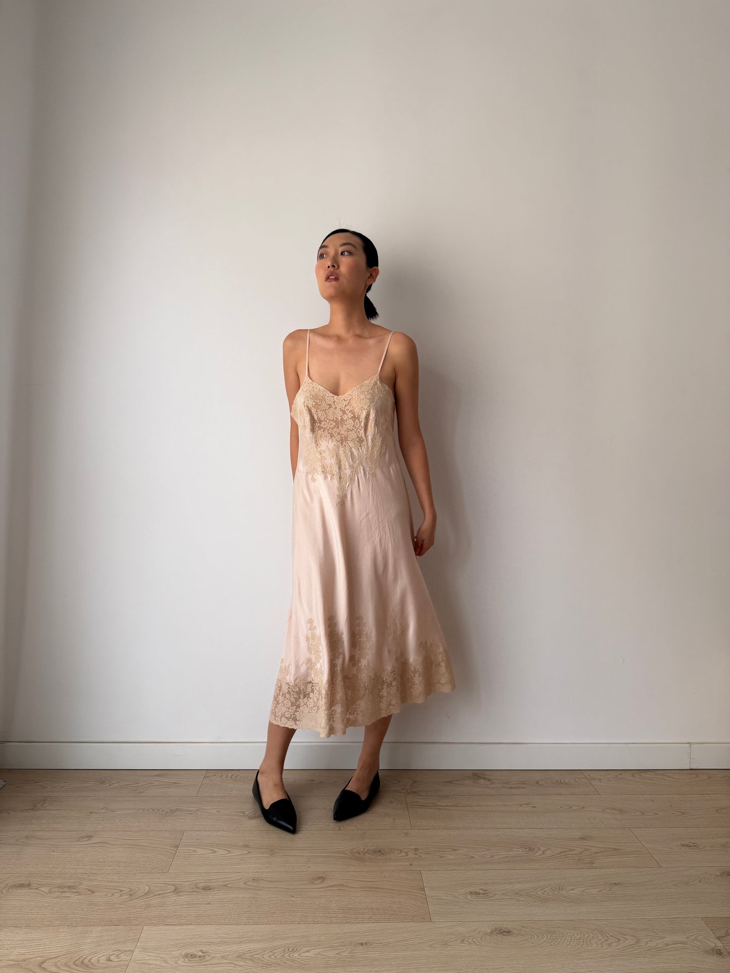 Rare 1940s Heavy Lace Pale Pink Floral Appliqué Pure Silk Bridal Camisole, 30s Slip Dress
