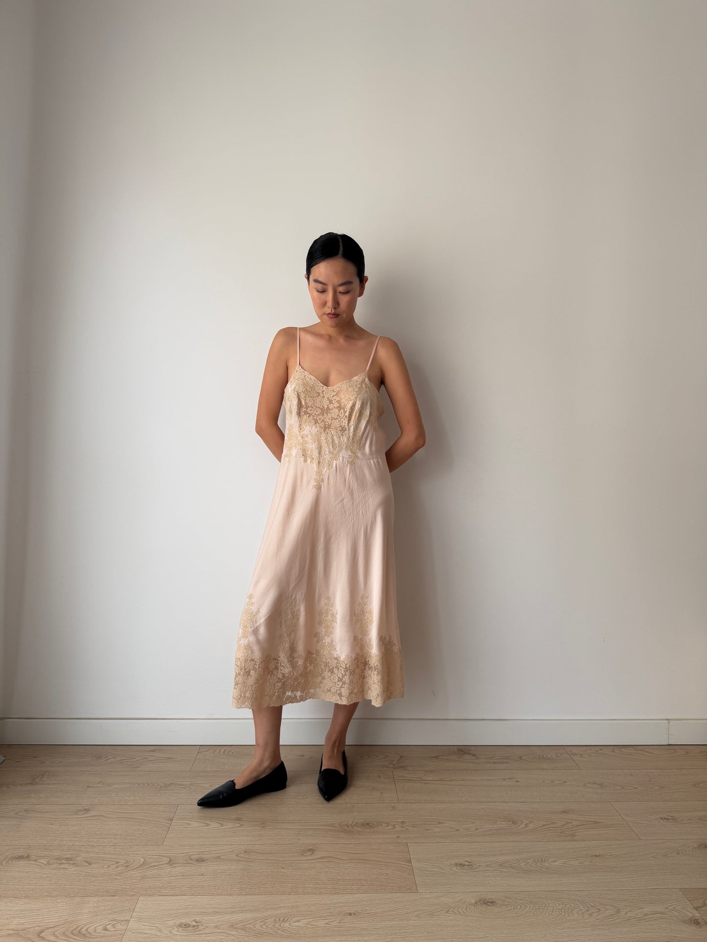 Rare 1940s Heavy Lace Pale Pink Floral Appliqué Pure Silk Bridal Camisole, 30s Slip Dress