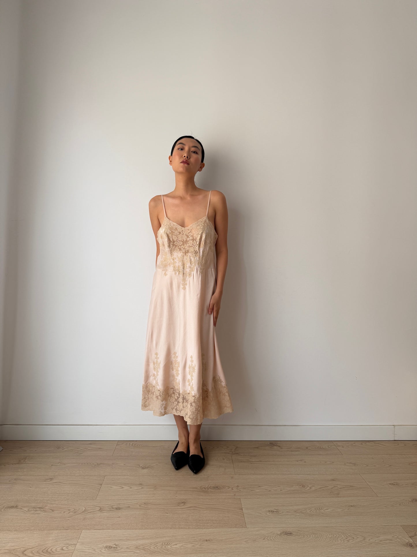 Rare 1940s Heavy Lace Pale Pink Floral Appliqué Pure Silk Bridal Camisole, 30s Slip Dress
