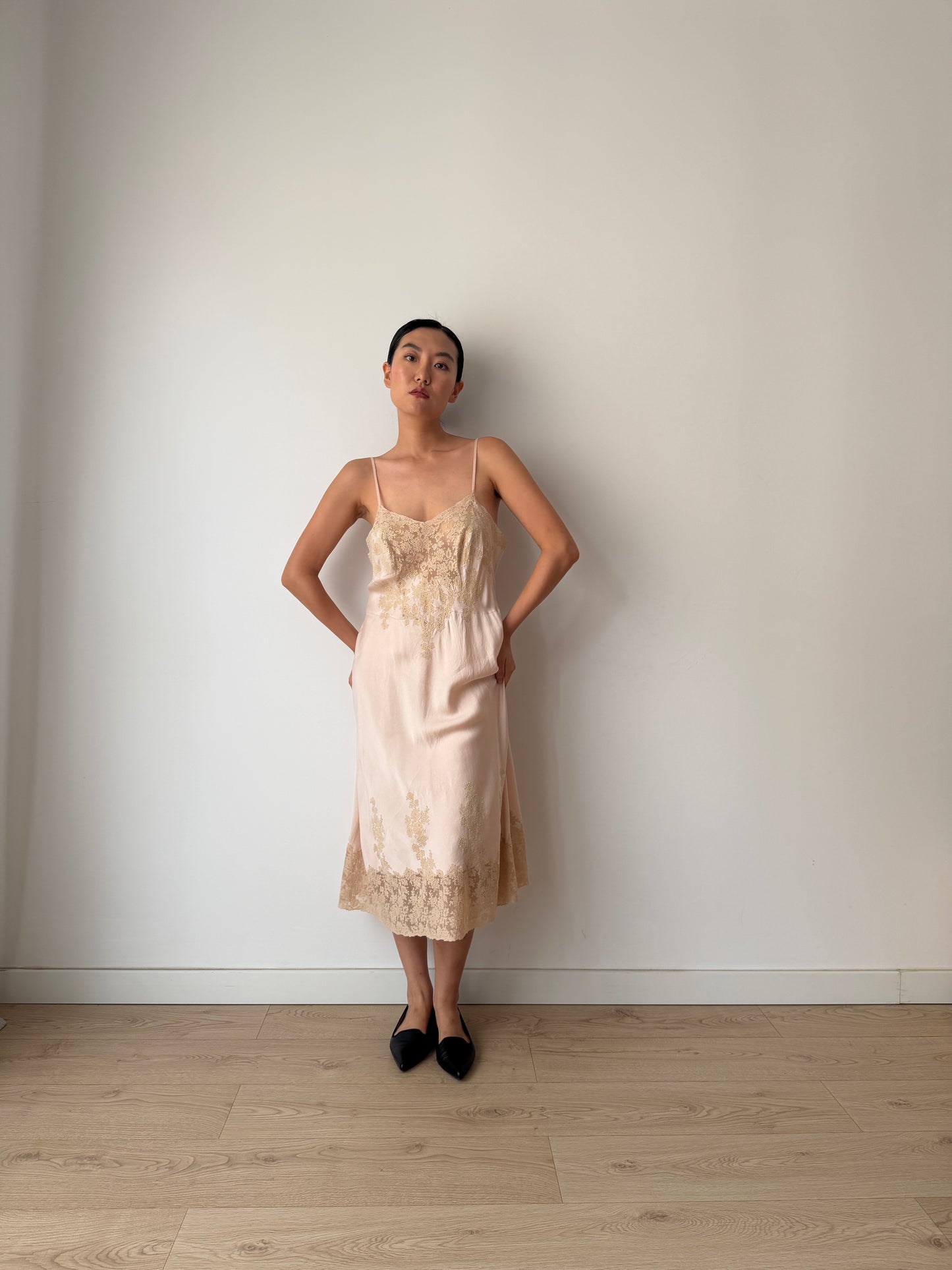 Rare 1940s Heavy Lace Pale Pink Floral Appliqué Pure Silk Bridal Camisole, 30s Slip Dress