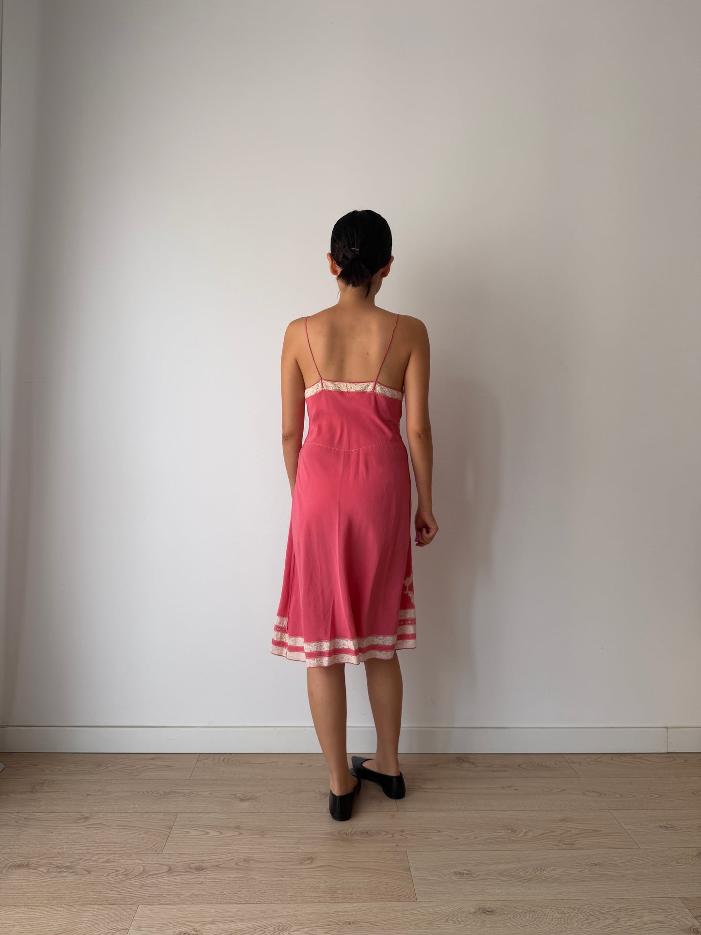 1930s Vintage Peach Red Hot Pink Pure Silk Slip, French Lace Embroidery Dress