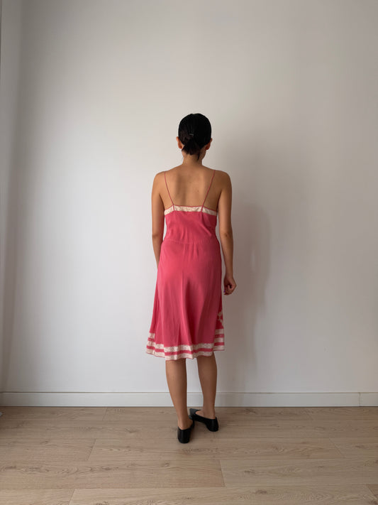 1930s Vintage Peach Red Hot Pink Pure Silk Slip, French Lace Embroidery Dress