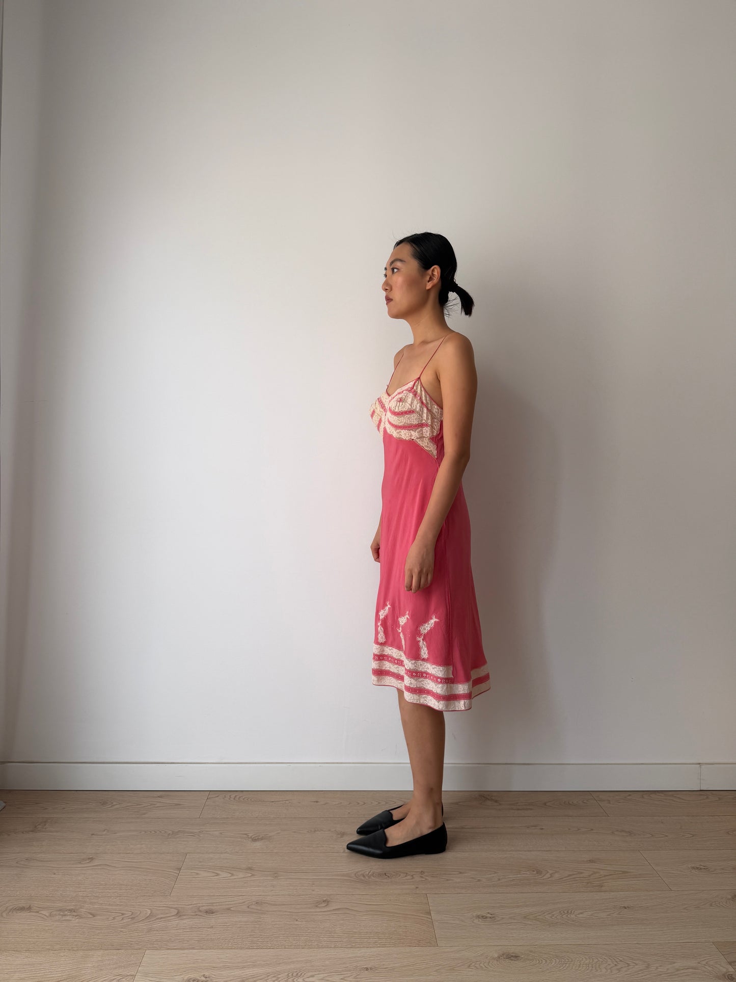 1930s Vintage Peach Red Hot Pink Pure Silk Slip, French Lace Embroidery Dress