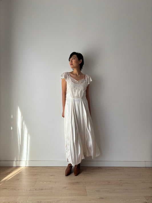1930s Silk Satin Bridal Lace Gown