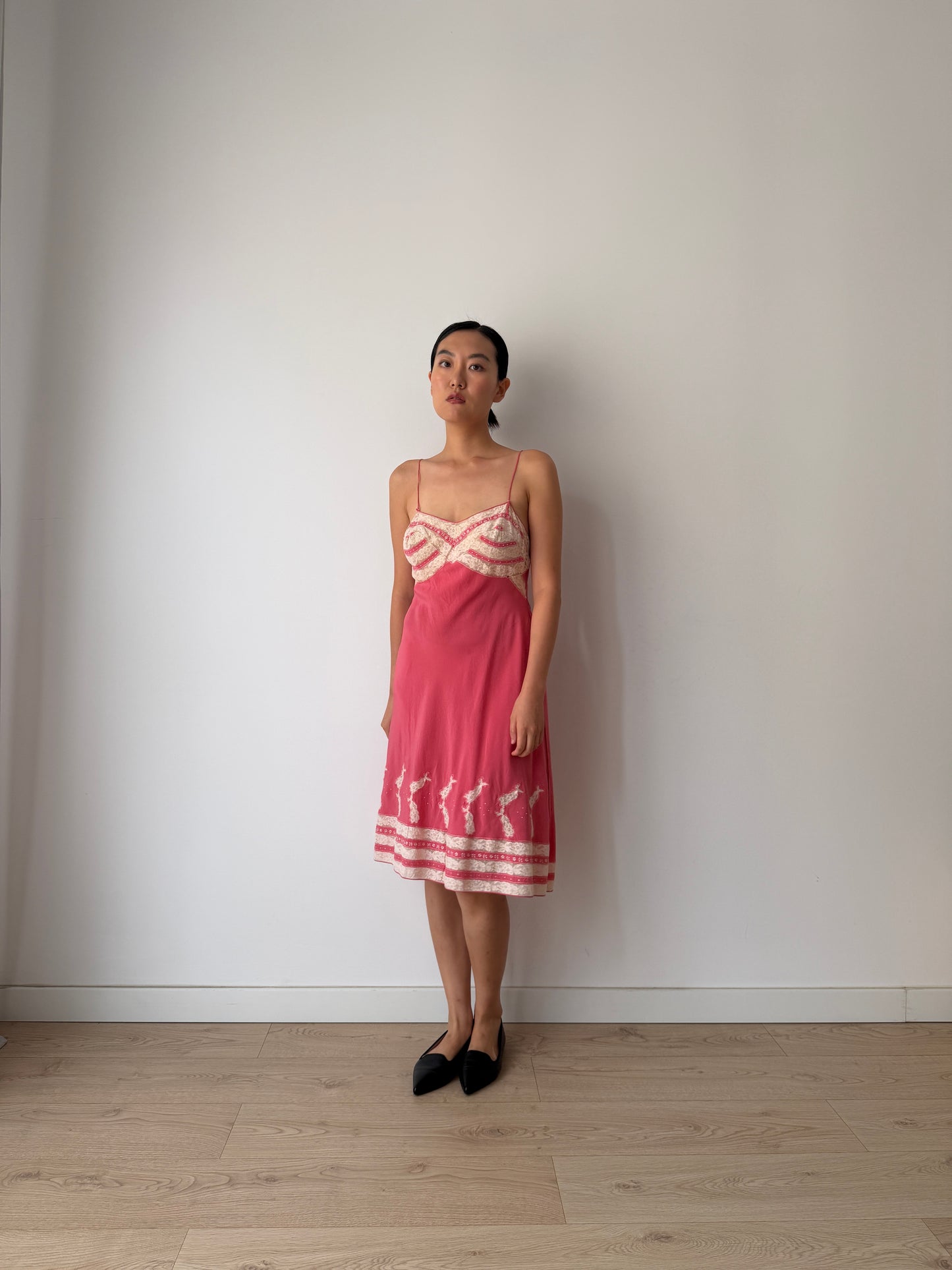 1930s Vintage Peach Red Hot Pink Pure Silk Slip, French Lace Embroidery Dress