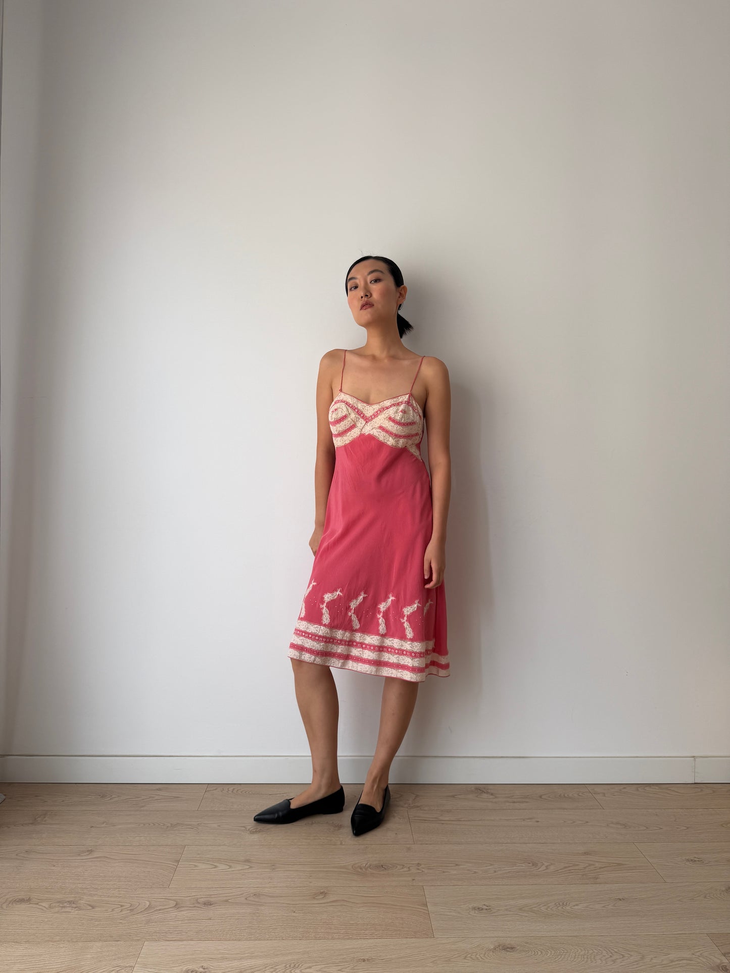 1930s Vintage Peach Red Hot Pink Pure Silk Slip, French Lace Embroidery Dress