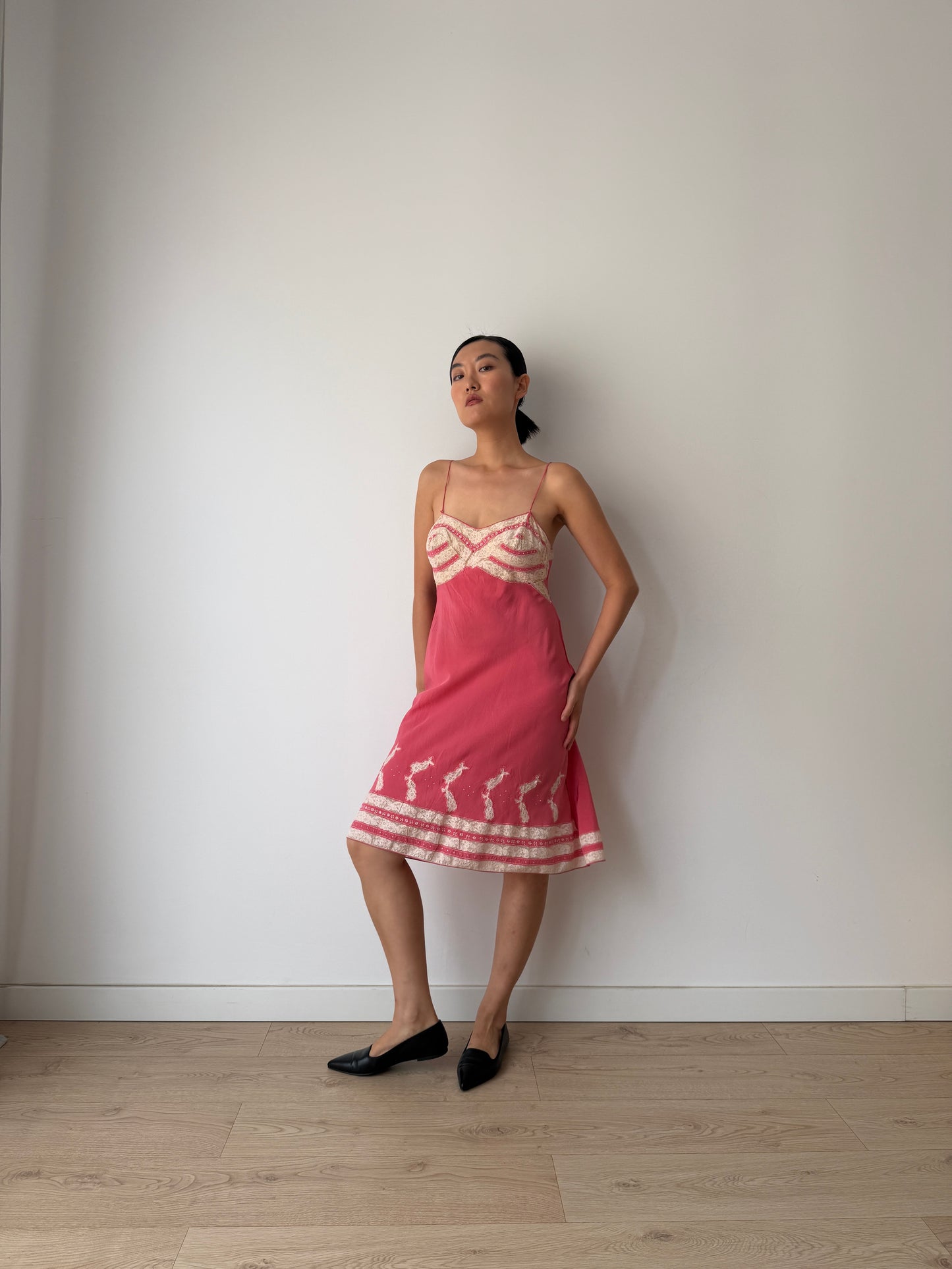 1930s Vintage Peach Red Hot Pink Pure Silk Slip, French Lace Embroidery Dress